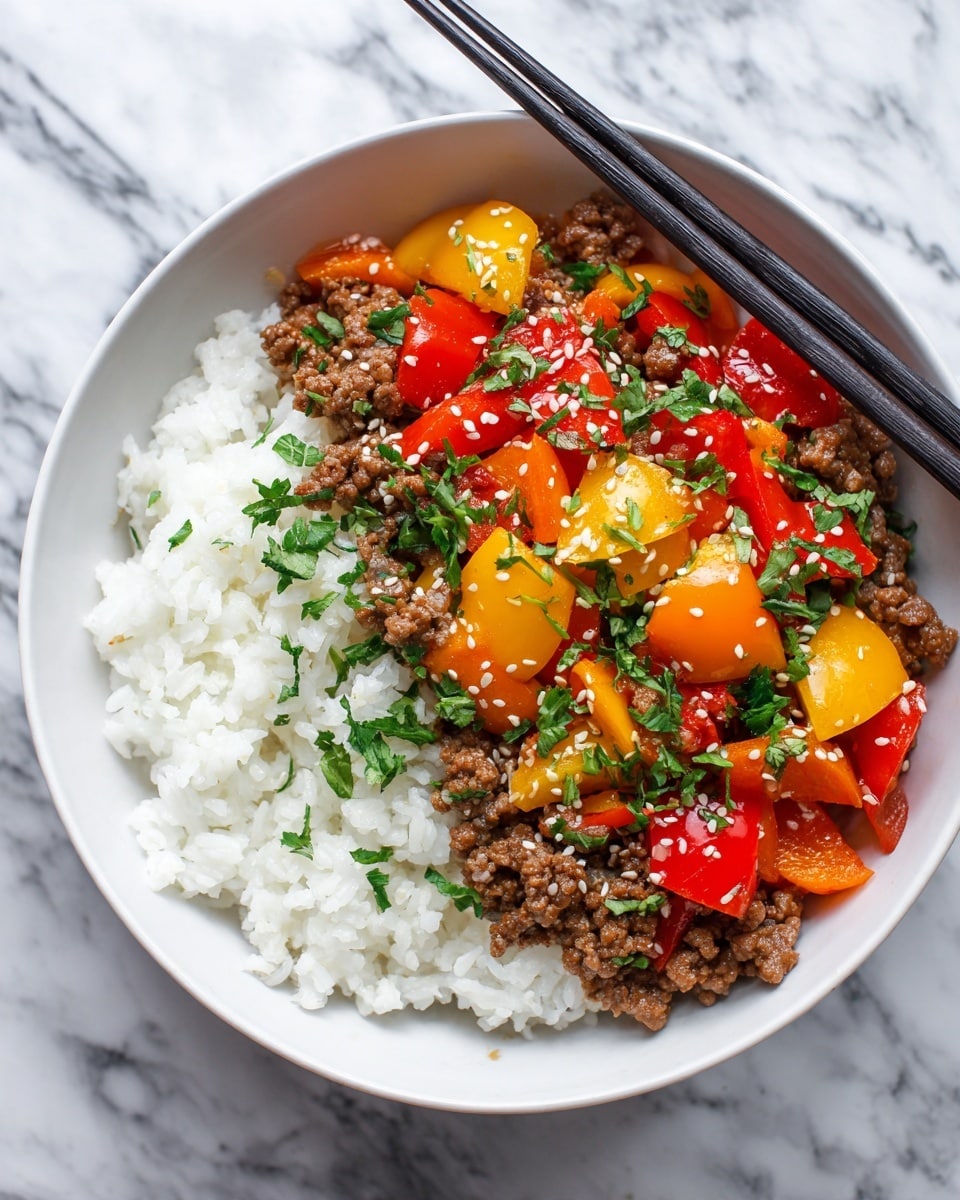 The image shows a white bowl filled with three layers. At the bottom, there is a layer of plain white rice with a soft texture. The middle layer consists of cooked ground meat in small brown crumbles. On top, there is a mix of colorful bell pepper pieces in red, orange, and yellow, along with green chopped herbs scattered over them. The dish is garnished with small white sesame seeds spread evenly on the peppers and meat. The bowl is placed on a white marbled surface, with a pair of black chopsticks resting on the edge. Photo taken with an iphone --ar 4:5 --v 7