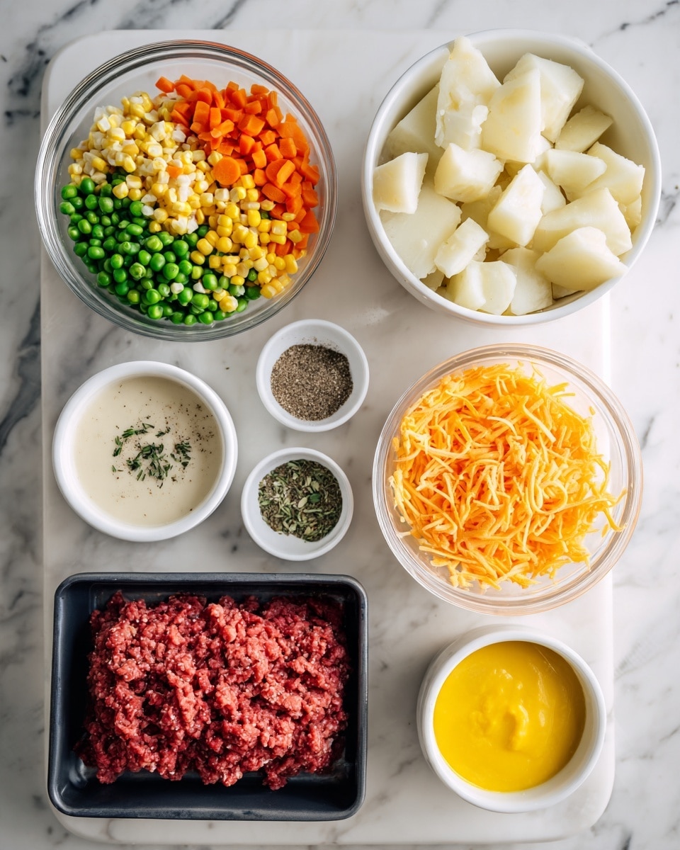 The image shows seven containers with different cooking ingredients on a white marbled surface. In the top left, a clear bowl holds a mix of small green peas, chopped carrots, corn, and green beans. To the right, a white bowl is full of peeled, chopped potatoes with a smooth white texture. Below the clear bowl, a small white bowl contains black pepper and garlic powder side by side. Next to it on the right, a white bowl holds a creamy light beige sauce with a smooth texture and some chunks. In the center right, another white bowl is full of shredded orange cheddar cheese, finely shredded and piled high. Below this, a fourth white bowl contains a bright yellow smooth sauce. At the bottom left of the image, a black tray holds raw ground red meat with a fresh texture lying flat and dense. The photo was taken with an iphone --ar 4:5 --v 7