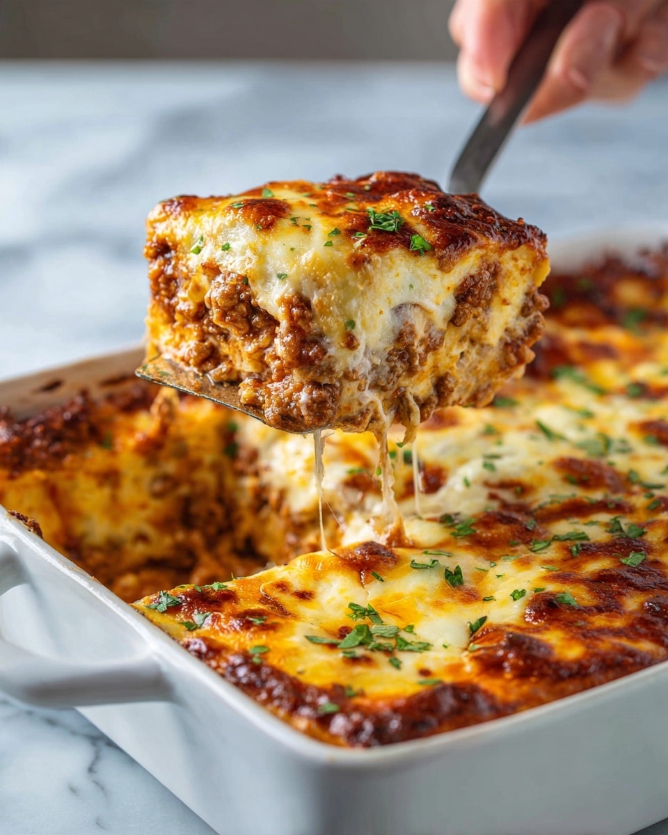 The image shows a close-up of a cheesy casserole being lifted from a white baking dish with a large metal spatula held by a woman's hand. The casserole has a golden brown melted cheese layer on top, with rich, creamy, and slightly chunky layers underneath that look like a mix of cooked ground meat and sauce. Small bits of green herbs are scattered on top of the cheese. The white marbled surface is blurred in the background, making the casserole the clear focus. Photo taken with an iphone --ar 4:5 --v 7