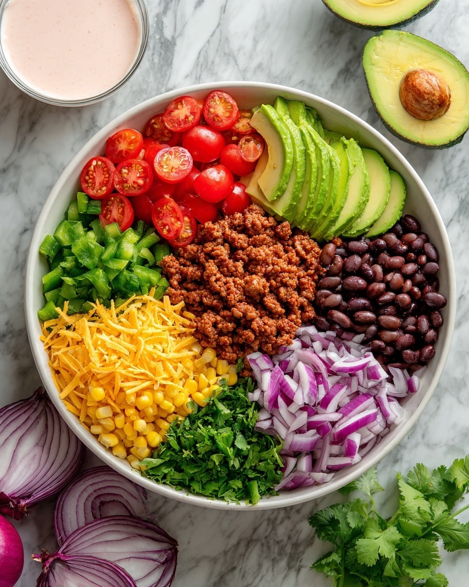 A white bowl is filled with seven colorful layers of food neatly placed side by side. Starting from the left, there are bright red cherry tomato halves, next to green sliced avocado, followed by a pile of brown cooked ground meat at the center. To the right of the meat, there are thin purple onion slices, and next to them, a pile of small red cherry tomato halves. Below the tomatoes, there are yellow corn kernels, black beans, and shredded yellow cheese arranged evenly. Fresh green chopped cilantro is on the bottom edge of the bowl. Around the bowl on a white marbled surface, there are whole avocados, red onions, and a small bowl filled with light pink creamy dressing. Photo taken with an iphone --ar 4:5 --v 7