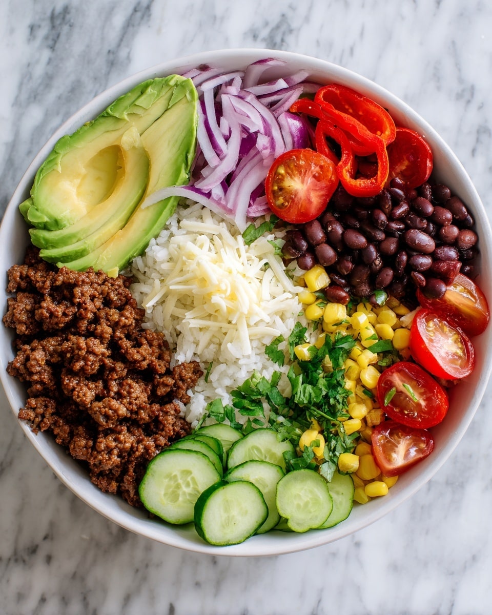 The image shows a white bowl filled with a colorful, layered rice bowl meal on a white marbled surface. The bottom layer consists of cooked white rice, partially covered by scattered shredded cheese. On top of the rice, there is a layer of ground meat cooked brown, placed on one side of the bowl. To the right of the meat, there is a fresh mix of black beans, corn, and diced tomatoes with some chopped cilantro mixed in. Next to that, thin slices of ripe avocado fan out along the bowl’s edge. Moving clockwise, halved cherry tomatoes and thinly sliced red onions create vibrant red and purple layers. Several slices of red bell pepper lay between the meat and bean mixture. There are also slices of cucumber arranged neatly on the lower left side, completing the layers with crisp green tones. The whole bowl looks fresh, colorful, and well balanced. Photo taken with an iphone --ar 4:5 --v 7