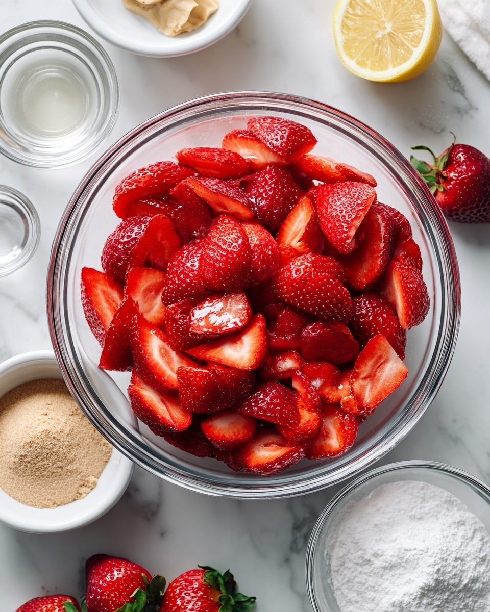 A clear glass bowl filled with many bright red strawberry slices fills the center of the image, showing juicy texture. Around this bowl on a white marbled surface are small white bowls holding light brown powder, white powder, and white sugar, along with a small amount of clear liquid in a glass bowl, a lemon half, a piece of light tan dough or pastry, and some whole strawberries scattered nearby. The overall look is clean and fresh with a variety of ingredients ready for use, arranged neatly for easy visibility. photo taken with an iphone --ar 4:5 --v 7