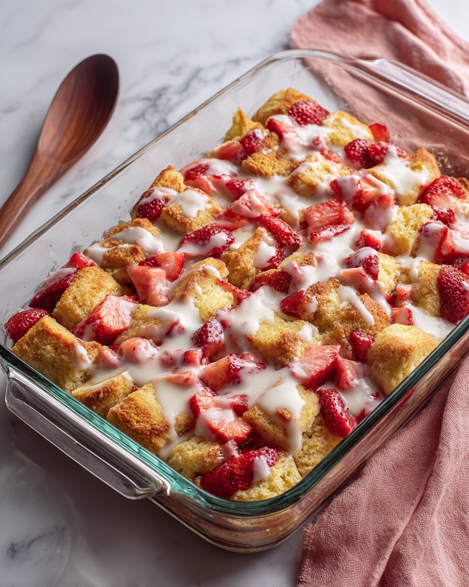 The image shows a clear rectangular glass baking dish filled with a baked dish made of multiple golden-brown biscuit pieces layered with bright red strawberry chunks. White glaze is drizzled unevenly all over the top, covering parts of the biscuits and strawberries, giving the dish a shiny and creamy look. The baking dish is placed on a white marbled surface with a soft pink cloth partially visible on the right side. photo taken with an iphone --ar 4:5 --v 7
