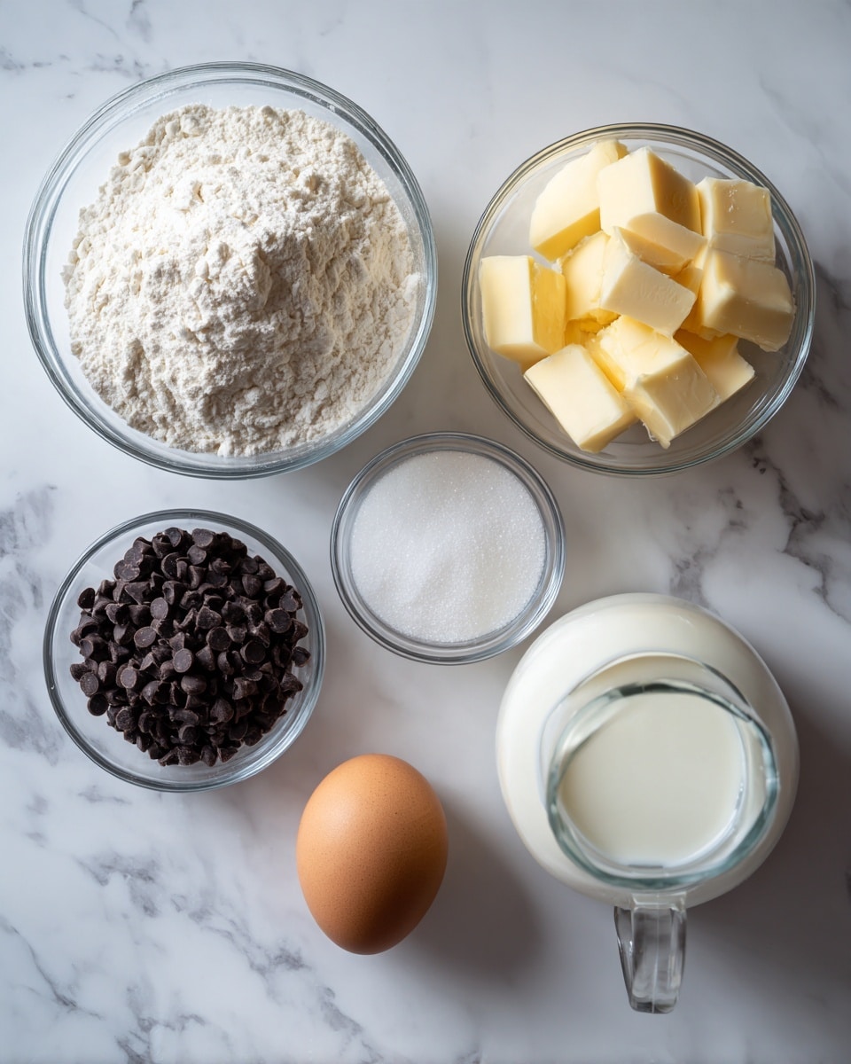 The image shows six clear glass bowls arranged on a white marbled surface. In the top left is a large bowl filled with white flour. Next to it on the right is a small bowl with light-colored cubes of butter. Below the butter is a small bowl of white sugar. In the bottom left, there is a small bowl filled with dark chocolate chips. In the center lies a single brown egg, and on the bottom right is a clear glass jug filled with white milk. The lighting highlights the natural colors and textures of the ingredients. Photo taken with an iphone --ar 4:5 --v 7