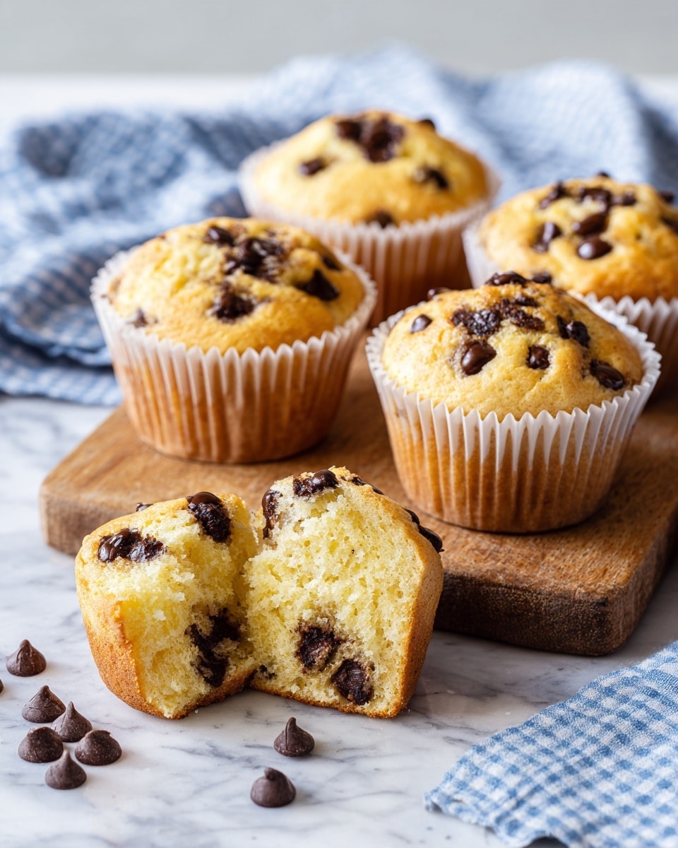 Five muffins with light golden tops and many melted dark chocolate chips are arranged on a wooden board set on a white marbled surface. One muffin is split in half and placed in the front, showing a soft, light yellow inside filled with melted chocolate chips. Some chocolate chips are loose on the board in front. The muffins have white paper liners, and a soft natural light shows slight shadows. In the background, a blue and white checkered cloth is softly blurred. photo taken with an iphone --ar 4:5 --v 7