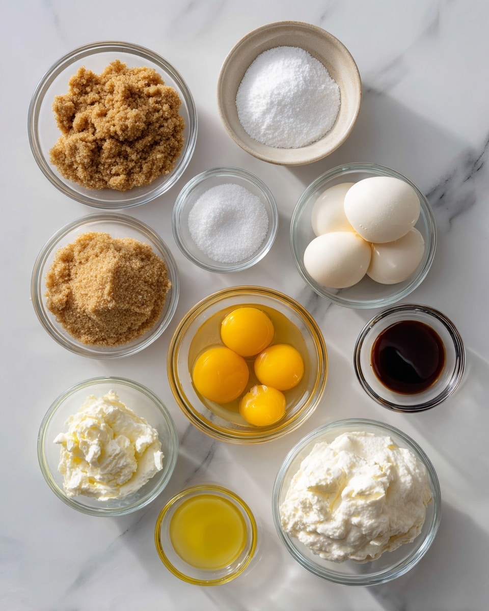 The image shows a white marbled surface with ten small clear glass bowls arranged loosely across it. Each bowl contains a different baking ingredient: light brown sugar with a crumbly texture, granulated white sugar, bright yellow raw egg yolks, coarse white salt, smooth white powdered sugar, thick white sour cream, white cream cheese with a soft texture, dark brown vanilla extract, and a small amount of light yellow liquid likely lemon juice. The bowls vary in size but all have a round shape, and the colors in the bowls create a nice contrast against the clean white marbled background. photo taken with an iphone --ar 4:5 --v 7