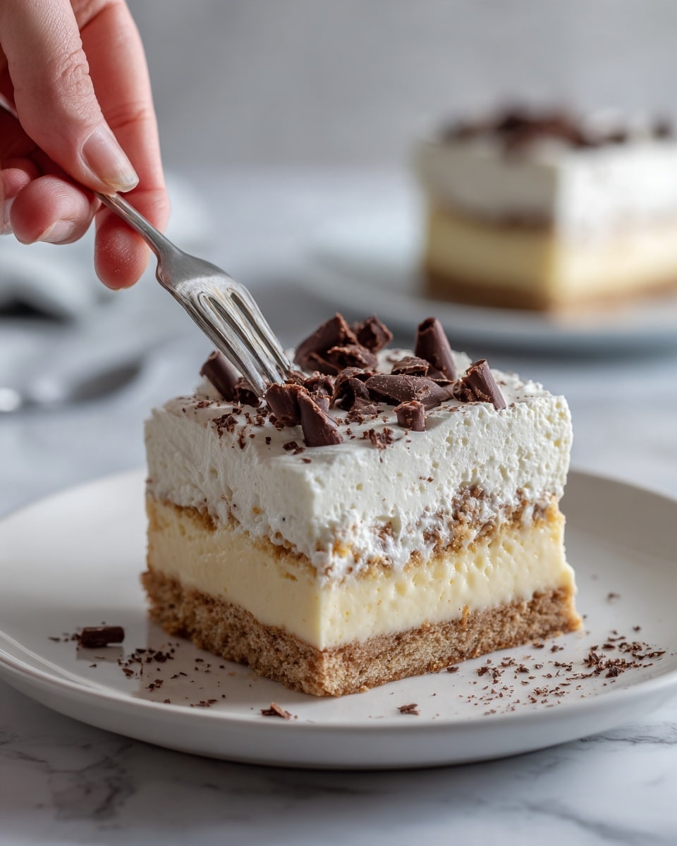 The image shows a slice of layered dessert on a white plate. The dessert has three layers: the bottom is a crumbly crust in light brown, the middle is a pale creamy yellow custard layer, and the top is a thick white cream layer. On top of the cream are several small, dark brown chocolate curls scattered for decoration. A woman's hand is holding a fork near the dessert. The background is a white marbled surface with another dessert slice on a white plate slightly blurred in the back. photo taken with an iphone --ar 4:5 --v 7
