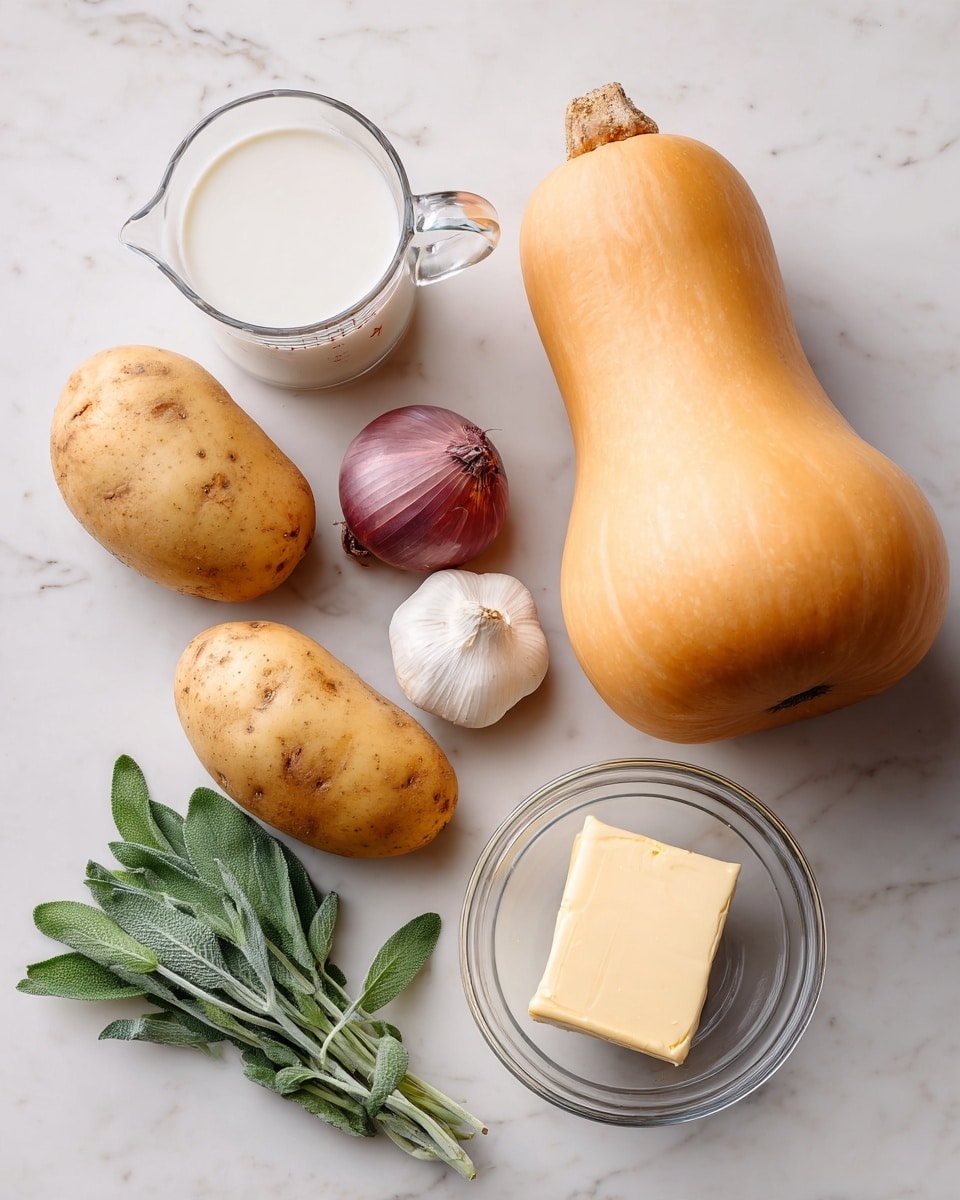 The image shows several ingredients placed on a white marbled surface. There are two whole potatoes and one large butternut squash with a smooth orange skin. Next to them is a small purple onion, three cloves of garlic, and a bunch of fresh green sage leaves. A clear glass measuring cup is filled with milk, and nearby is a clear glass bowl holding a square piece of butter. Photo taken with an iphone --ar 4:5 --v 7