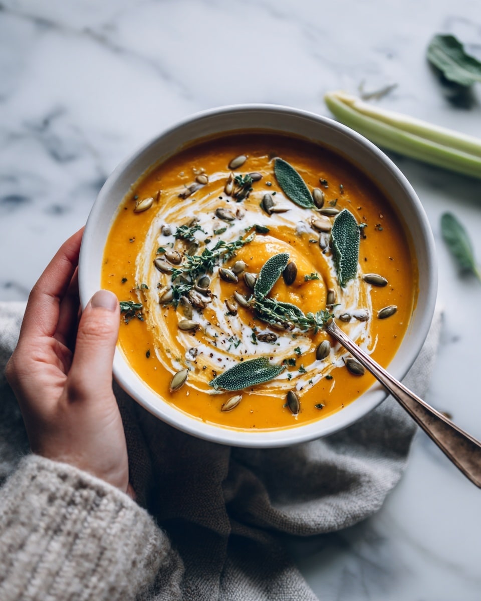 A white bowl filled with thick orange soup, topped with a swirl of white cream, some green leaves, and sunflower seeds on top. The bowl is placed on a white marbled surface. Near the bowl, there is a halved orange squash and a fresh celery stalk. A woman’s hand holding a spoon is visible inside the bowl. The scene is softly lit, showing a cozy and fresh feeling. photo taken with an iphone --ar 4:5 --v 7
