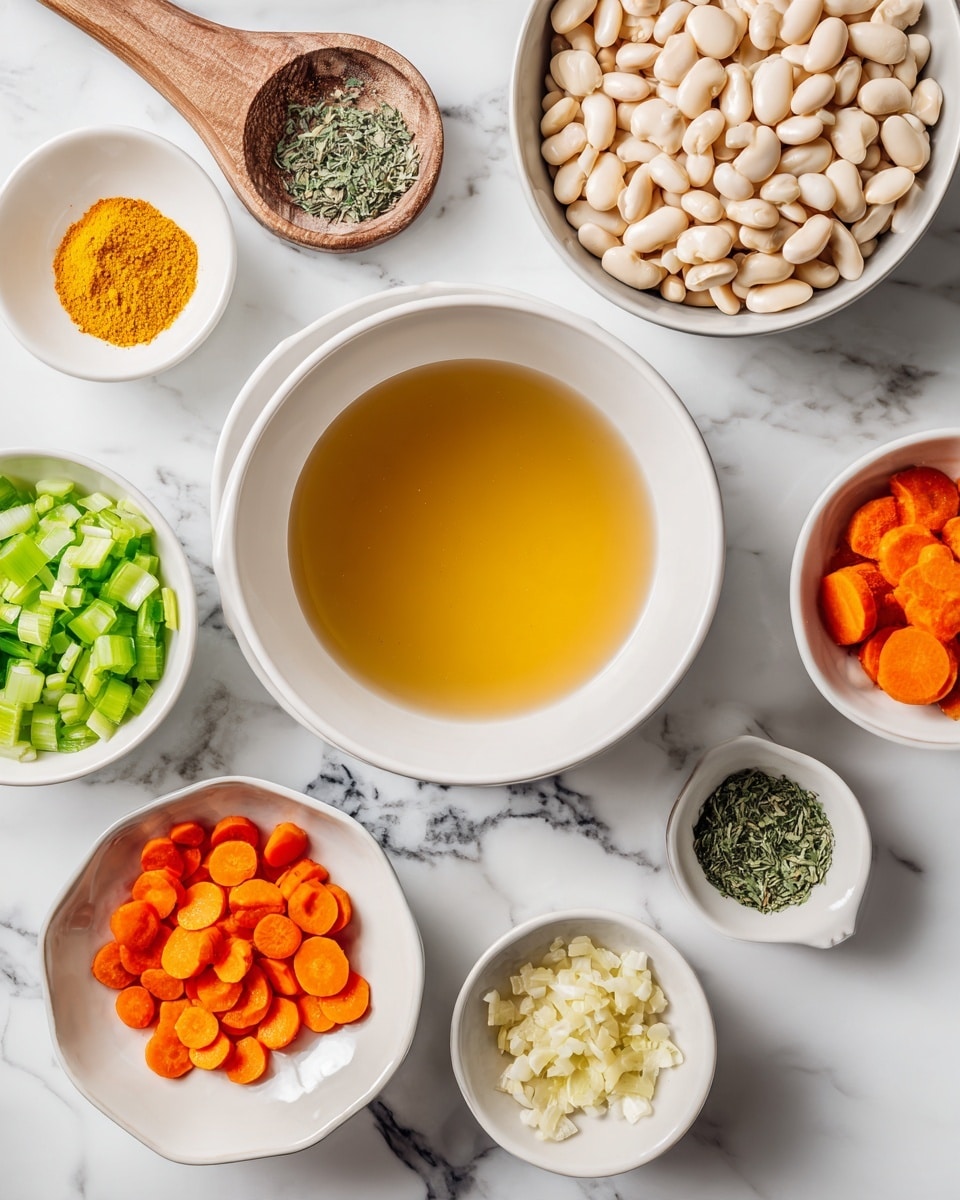 The image shows a top-down view of several white dishes arranged neatly on a white marbled surface, each containing different cooking ingredients. There is a large white bowl filled with clear chicken broth in the lower left corner, a medium white bowl with whole dry white beans in the upper right, and a small white bowl with sliced carrots below the beans. Nearby, a medium white bowl holds chopped green celery, and a small white bowl contains finely chopped onions. A small white plate has minced garlic, and next to it are small white bowls with bright yellow turmeric powder, salt, and ground spice powder. A woman’s hand is visible holding a wooden scoop over a small wooden bowl filled with salt near the center top. The vibrant colors of the ingredients contrast with the clean white bowls and background, creating a fresh and organized look photo taken with an iphone --ar 4:5 --v 7