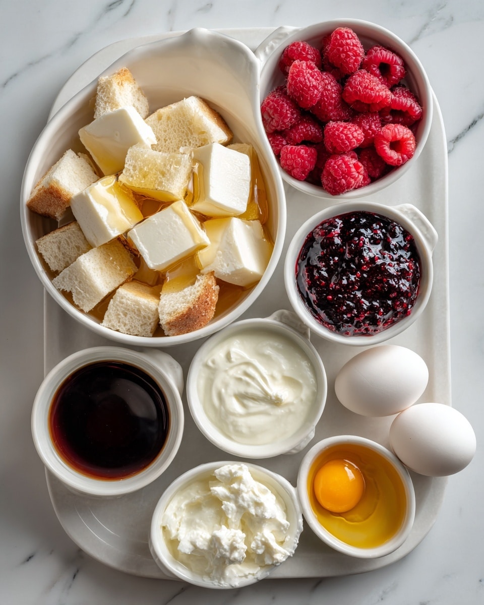 A white marbled surface shows seven white bowls and two white eggs placed on it. The largest bowl contains cubed white bread pieces with a drizzle of light yellow honey on top. Around it are smaller bowls holding white cheese cubes, bright red raspberries, thick dark brown syrup, white milk, dark red jam with visible berry pieces, and golden honey. The two eggs are placed near the top right side of the surface. photo taken with an iphone --ar 4:5 --v 7