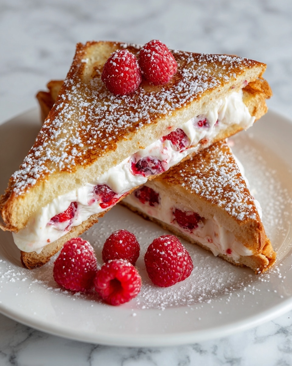 The image shows two thick triangular pieces of golden brown toasted sandwich stacked on a white plate, with the top piece slightly leaning to reveal the filling. The sandwich has three layers: the top and bottom are toasted bread with a crisp, golden crust, and the middle layer is white cream with visible bright red raspberries mixed inside. The top of the sandwich is dusted lightly with powdered sugar and decorated with a single fresh raspberry, while three more fresh raspberries sit casually on the white marbled surface around the plate. The colors are warm and inviting, with the contrast of the golden toast, white cream, and red raspberries standing out clearly. photo taken with an iphone --ar 4:5 --v 7