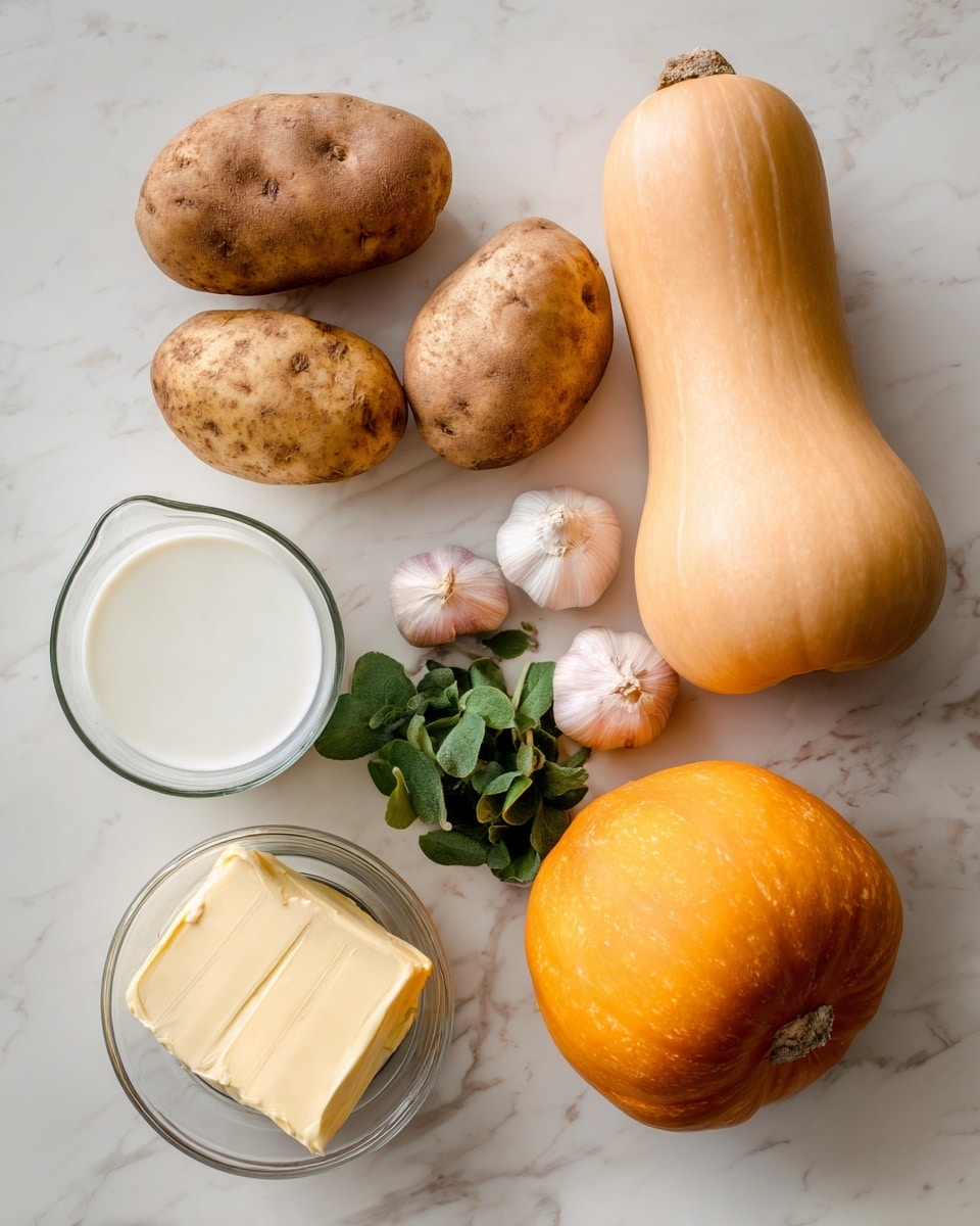 The image shows ingredients arranged on a white marbled surface. There are two potatoes with brown skin at the top, one light orange butternut squash below them, and an orange pumpkin to the right. Below the squash, there is a small pile of green leaves next to two garlic cloves and a small red onion. A clear glass container filled with white milk is placed on the left, and a small clear bowl holding a block of yellow butter is in the center bottom. Photo taken with an iphone --ar 4:5 --v 7
