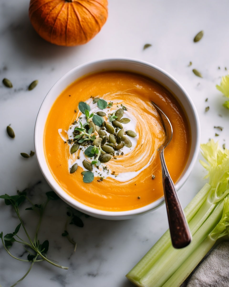 A white bowl filled with smooth orange soup is placed on a white marbled surface. In the middle of the soup, there is a swirl of white cream topped with green pumpkin seeds and small green leaves. A spoon with a dark handle rests inside the bowl, and next to it, there is an orange half pumpkin and some celery stalks. The scene looks warm and fresh. photo taken with an iphone --ar 4:5 --v 7
