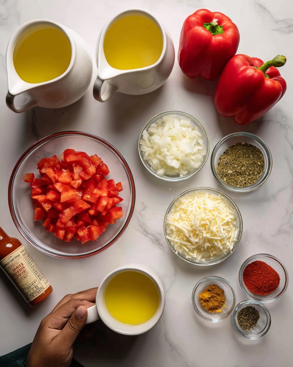 The image shows a top-down view of various cooking ingredients arranged neatly on a tabletop with a white marbled texture. There are two white pitchers filled with yellow liquid, positioned side by side on the left. A clear bowl filled with bright red diced tomatoes is near the top left. Three whole red bell peppers lie close together in the top center. To the right of the tomatoes and peppers, small clear bowls hold finely chopped white onions, white shredded cheese, and a thick white cream. Toward the bottom right, there are small clear bowls with red spice, white powder, salt, and yellow oil. A bottle of hot sauce is placed near the tomatoes on the left side. A woman's hand holding a white cup with yellow liquid is visible in the center of the image. The whole setup is visually organized showcasing fresh and colorful ingredients photo taken with an iphone --ar 4:5 --v 7
