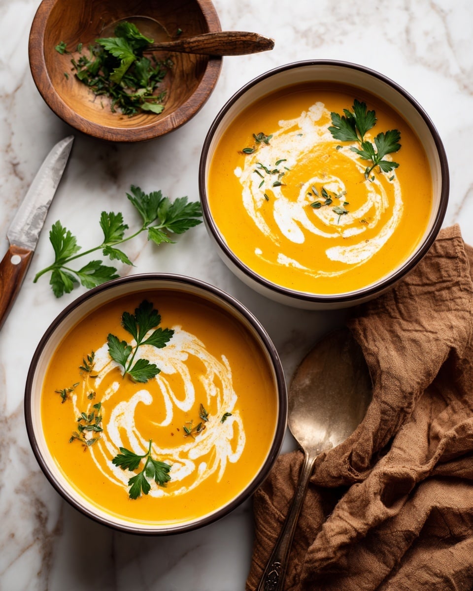 Two white bowls with dark rims hold creamy orange soup. Each bowl has a swirl of white cream on top, creating round patterns. Fresh green parsley pieces are sprinkled over the soup, adding a touch of color. On the white marbled surface nearby is a wooden bowl with some green leaves inside, a knife with a wooden handle, and a rumpled brown cloth. Photo taken with an iphone --ar 4:5 --v 7