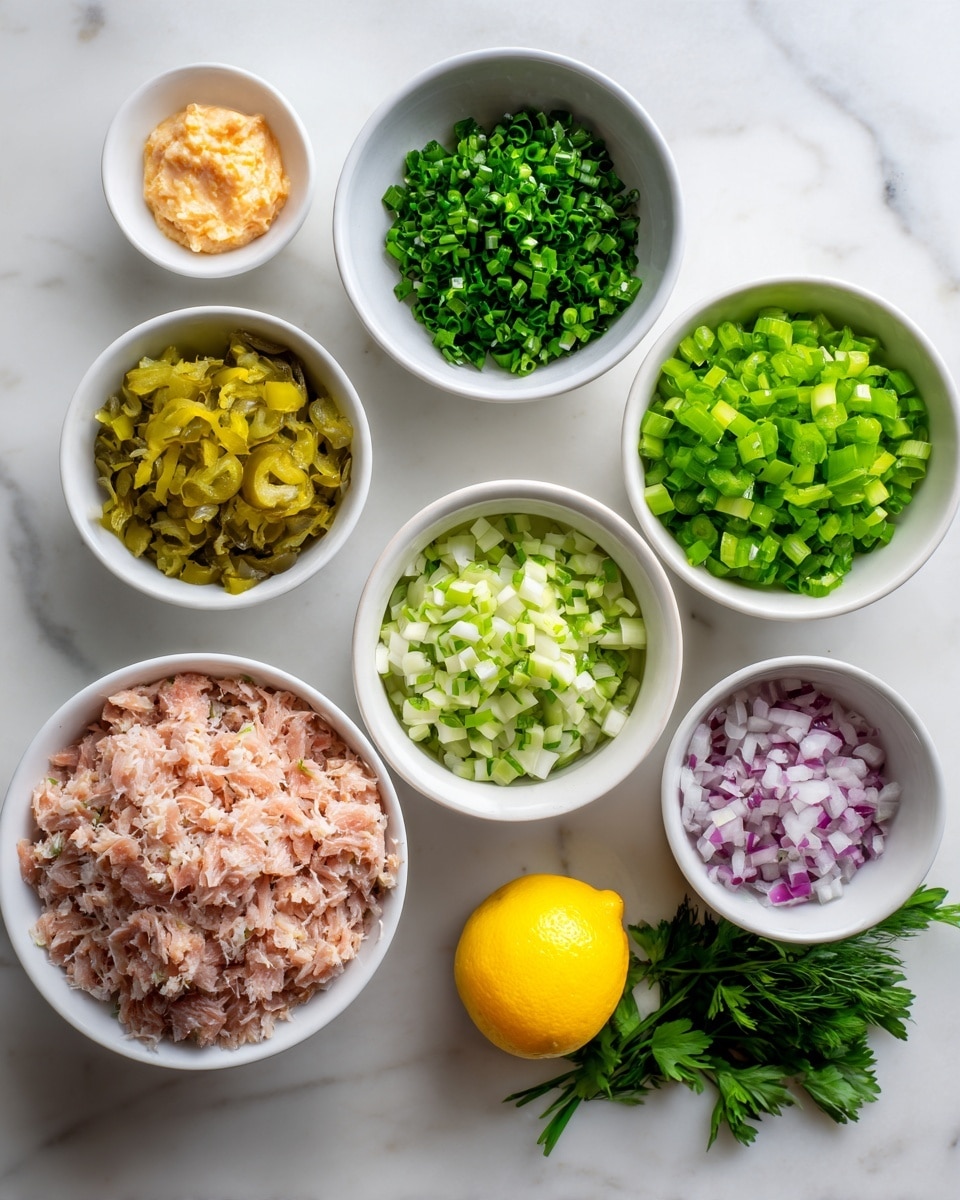 Seven white bowls of different sizes are arranged on a white marbled surface. The largest bowl at the bottom left is filled with light pink shredded tuna. To its right, a medium bowl holds bright green finely chopped celery. Above the celery bowl is another medium bowl with dark green chopped spring onions. To the left of the spring onions is a small bowl containing yellow-green chopped pickles. Above that is a small bowl with light orange creamy mustard. Next to the mustard, a medium bowl contains light purple chopped onions mixed with white pieces. At the top center is a small bowl filled with fresh dark green herbs. A whole yellow lemon lies on the surface near the onion bowl. Photo taken with an iphone --ar 4:5 --v 7