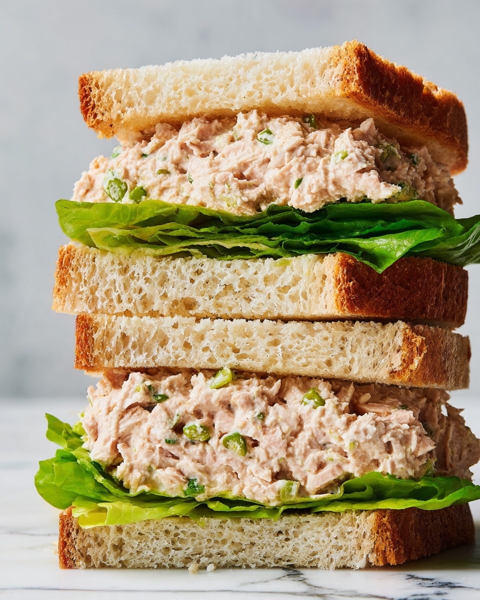 A tall sandwich stack with two main layers on a white marbled surface. Each sandwich half shows soft, light brown toasted white bread on top and bottom. Inside, there is a thick layer of creamy tuna salad mixed with small green bits, giving a light pink and green texture. Below the tuna, fresh, bright green lettuce leaves add crunchy texture and vivid color, slightly peeking out from the sides. The top and bottom bread pieces have a soft, airy texture with a light golden crust. The image focuses closely on the sandwich stack with a clean and bright background. Photo taken with an iphone --ar 4:5 --v 7