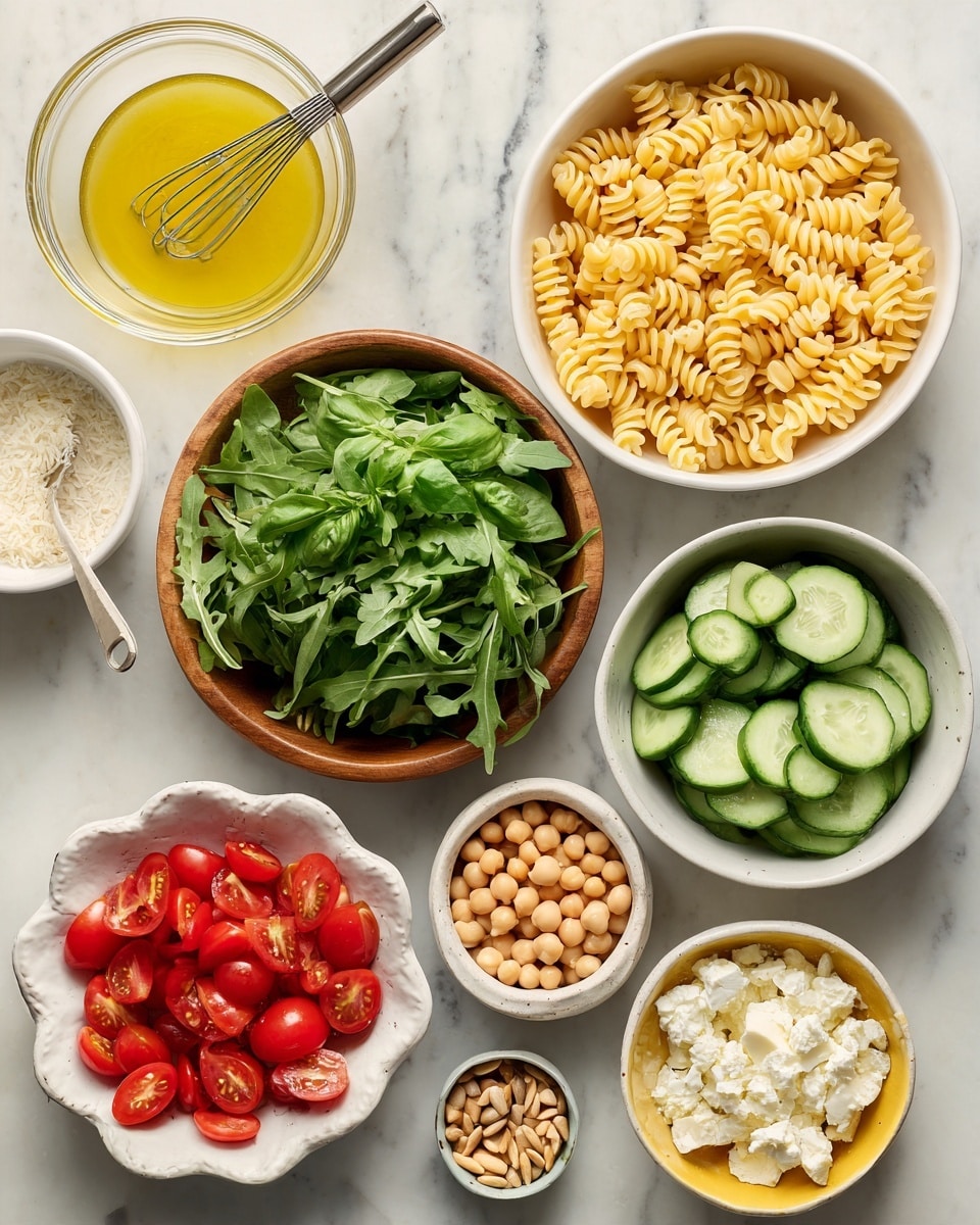 This image shows eight bowls arranged neatly on a white marbled surface, each containing a fresh ingredient for a salad. Starting from the top left, there is a glass bowl with a yellow dressing and a small whisk inside, next to it on the right is a white bowl filled with cooked fusilli pasta in light yellow color. Below that, a wooden bowl is filled with fresh green basil leaves. To the right of the basil, a white bowl holds thickly sliced cucumber pieces with a dark green skin and light green inside. Below the cucumber, a white bowl contains light beige chickpeas. To the left of the chickpeas, a scalloped white bowl is full of bright red cherry tomatoes, some halved showing their juicy interior. Below the tomatoes, a white bowl is loaded with fresh green arugula leaves. To the left of the arugula, a yellow rimmed bowl holds white crumbled cheese. Finally, there is a small white dish with pine nuts. A woman's hand is not directly seen but implied holding the whisk over the dressing bowl. The background is a clean white marbled surface. Photo taken with an iphone --ar 4:5 --v 7