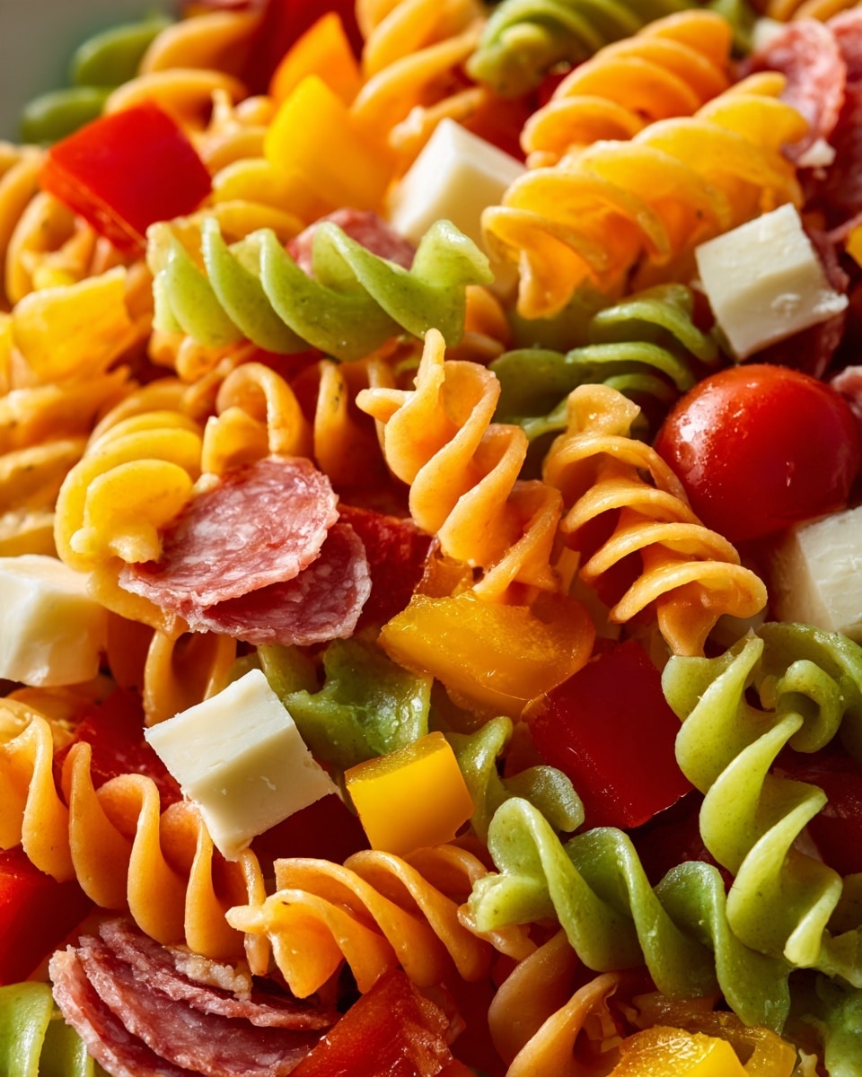 This close-up image shows a colorful pasta salad with three layers of spiral pasta in orange, green, and cream colors. Mixed throughout are bright red and yellow bell pepper cubes with a smooth texture, red tomato pieces with a juicy look, white cheese cubes with a soft texture, and thin slices of red salami with a slightly shiny surface. The pasta and toppings are mixed closely together, showing a fresh, vibrant, and textured dish against a white marbled surface. photo taken with an iphone --ar 4:5 --v 7