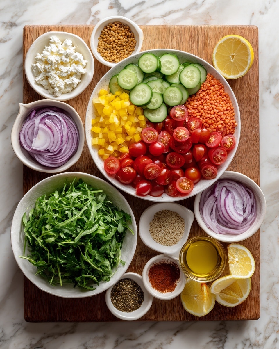 A white bowl filled with halved cherry tomatoes sits atop a wooden board, surrounded by small piles of chopped yellow bell pepper, sliced cucumber, and thinly sliced red onion arranged neatly in rows. Small white bowls containing cottage cheese, round seeds, minced garlic, mustard, and a mixture of red lentils and quinoa are placed around the board. At the bottom, a white bowl filled with fresh green arugula, two halves of a lemon, and small dishes of olive oil, honey, and mixed spices complete the arrangement. The wooden board rests on a white marbled surface. Photo taken with an iphone --ar 4:5 --v 7