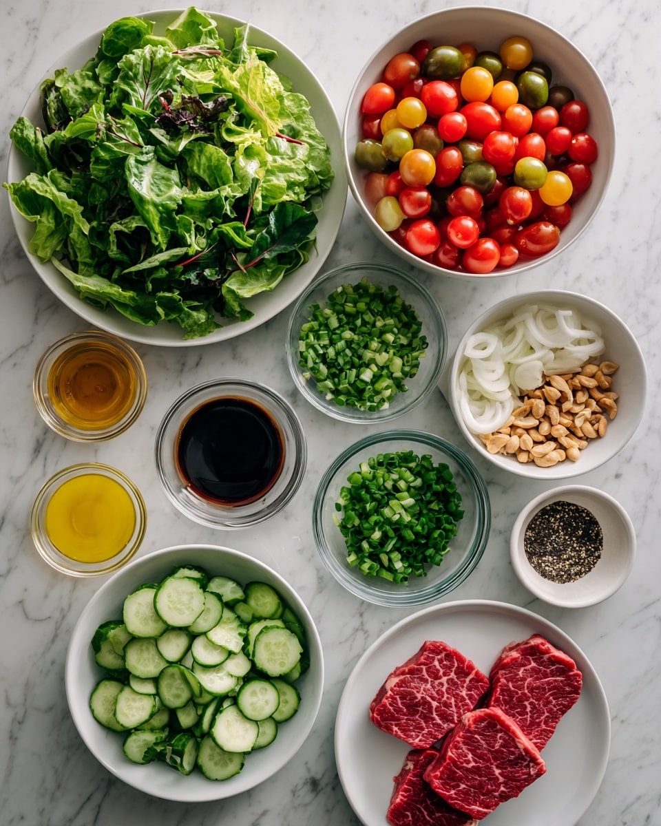 The image shows an arrangement of various fresh ingredients on a white marbled surface. There are multiple white bowls and plates holding the items: a large white plate of green mixed leafy salad at the bottom left, a white bowl full of mixed quartered cherry tomatoes at the top right, a white bowl filled with chopped cucumber slices at the bottom center, and a white plate with two raw red meat slices seasoned with black pepper on the bottom right. Between these larger dishes are smaller clear glass bowls containing green chopped spring onions, green chopped herbs, shelled peanuts, sliced shallots, golden oil, dark soy sauce, yellow liquid, and a reddish sauce. The colors are vibrant and fresh, highlighting greens, reds, and browns with textures that range from crisp leafy greens to glossy liquids. photo taken with an iphone --ar 4:5 --v 7