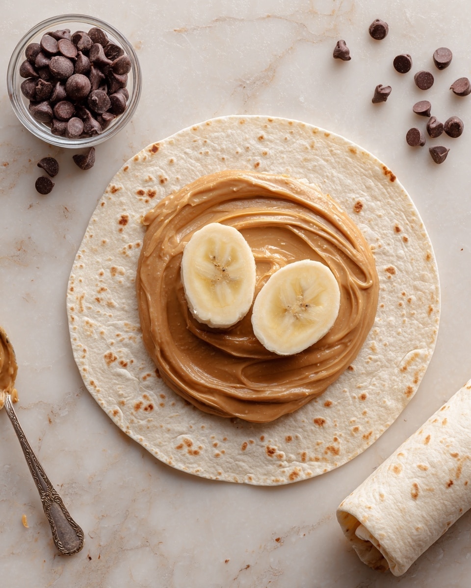 A white tortilla flat on a white marbled surface with a smooth layer of light brown peanut butter spread evenly across it, topped with two halves of a peeled yellow banana placed side by side in the center. Next to the tortilla, a small clear glass bowl holds several dark brown chocolate chips, some of which are sprinkled over the banana and peanut butter. In the final image, the tortilla is neatly rolled into a tight wrap, showing a few browned spots on the surface. Other tortillas, a spoon with peanut butter, and the bowl with chocolate chips are visible near the main tortilla, all on the same white marbled surface. Photo taken with an iphone --ar 4:5 --v 7