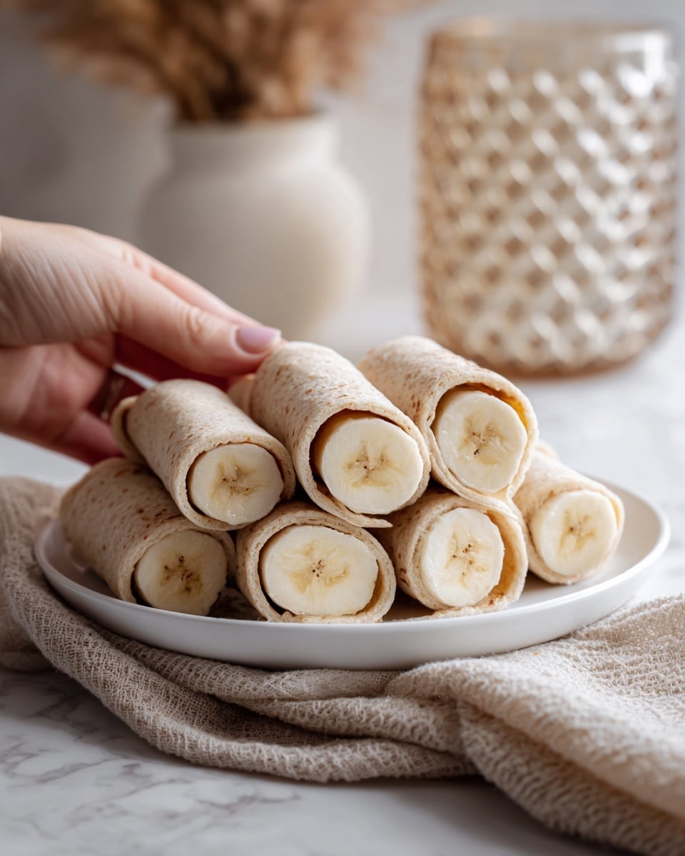 The image shows a white plate filled with several small roll pieces, each featuring a whole banana slice at the center wrapped in a light brown flatbread or tortilla. The flatbread has a soft, slightly textured surface, and it wraps tightly around the banana, forming neat cylindrical shapes. The rolls are arranged closely together on the plate, which is placed on a white marbled surface. A beige cloth is loosely draped next to the plate, and a woman's hand is gently touching one of the roll pieces at the left side of the plate. In the background, there is a textured, honeycomb-like glass object creating a soft blur. photo taken with an iphone --ar 4:5 --v 7