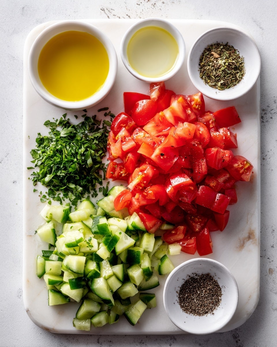 The image shows a white marbled surface with small piles of diced red tomatoes, diced green cucumbers, and chopped green herbs arranged neatly on it. Above the vegetables, there are three small white bowls, each containing a different ingredient: the left bowl has yellow oil, the middle bowl has a clear light liquid, and the right bowl has black pepper and salt side by side. The colors are bright and fresh, with the red, green, and yellow tones standing out clearly against the white background. Photo taken with an iphone --ar 4:5 --v 7