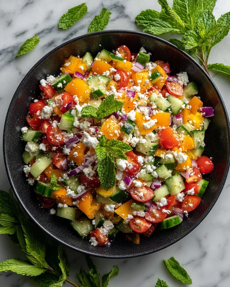 The image shows a black bowl filled with a colorful salad made of small pieces of red tomatoes, orange bell peppers, green cucumbers, and purple onions mixed with white crumbled cheese and fresh green mint leaves scattered on top. The bowl sits on a white marbled surface, surrounded by fresh green mint sprigs. The salad looks fresh with a mix of soft and crunchy textures, and bright colors are spread evenly throughout the bowl, making it look vibrant and appealing. photo taken with an iphone --ar 4:5 --v 7