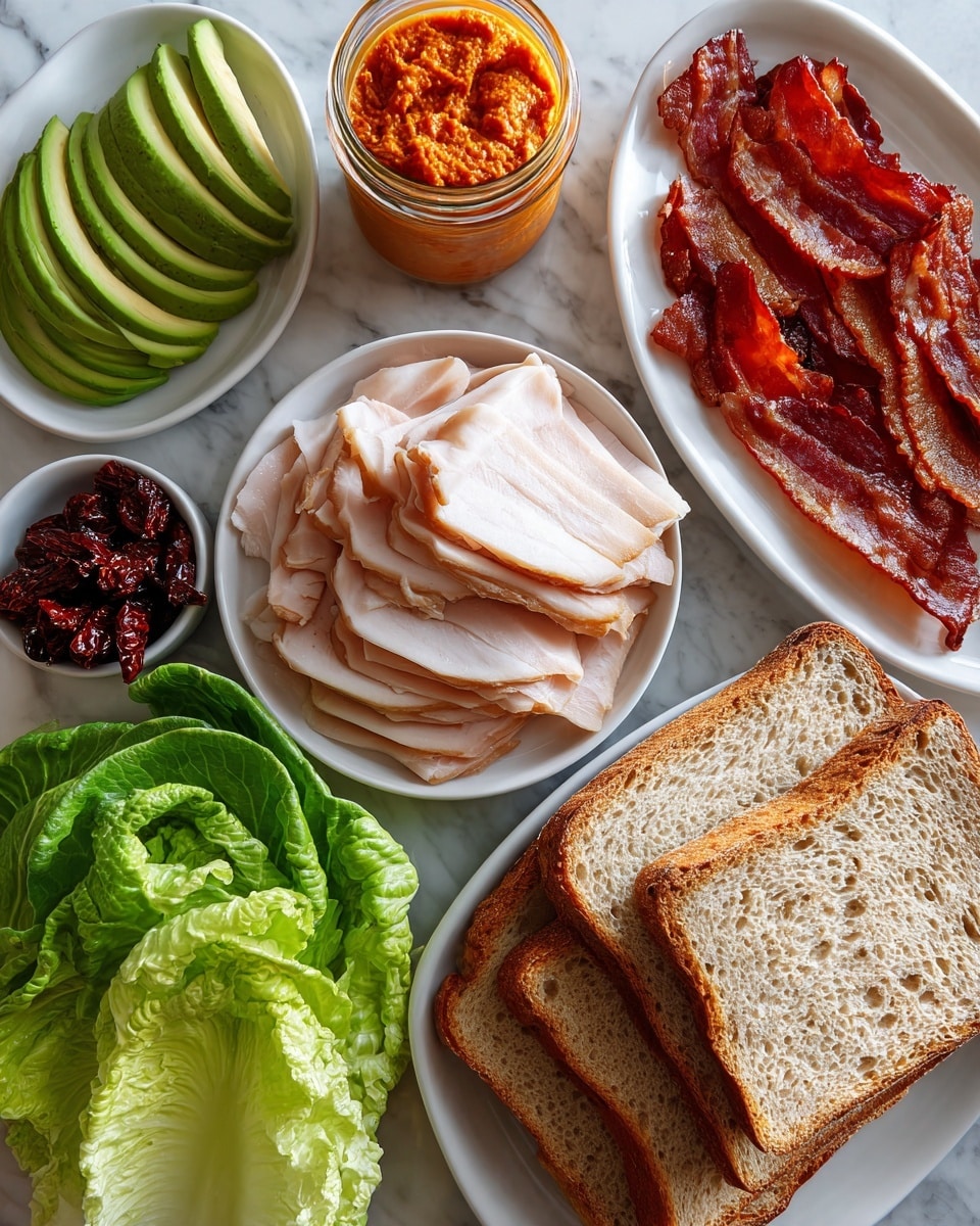 The image shows various sandwich ingredients arranged on a white marbled surface. There are slices of light green avocado fanned out on a white plate at the top left, next to thinly sliced light pink turkey arranged in a circular stack on a white plate in the center. At the top right, crispy reddish-brown bacon is layered on another white plate. Below the bacon, an orange spread is placed in a small glass jar. In the bottom right, five thick slices of toasted brown bread with a light crumb are stacked slightly overlapping. At the bottom left, three bright green romaine lettuce leaves lie flat, and next to them in a small white bowl are dark red sun-dried tomatoes. photo taken with an iphone --ar 4:5 --v 7