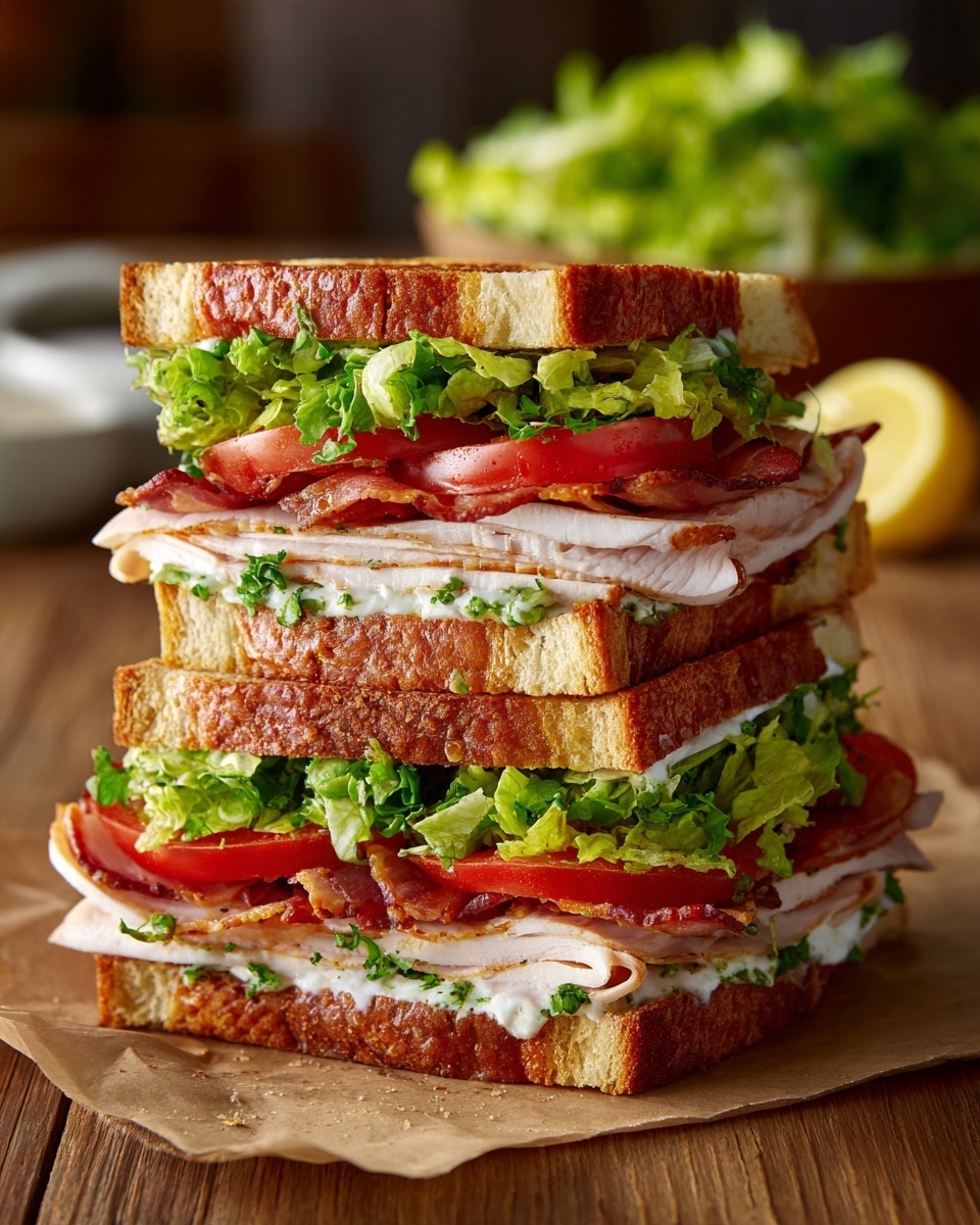 A tall sandwich with three layers of toasted golden-brown bread stacked neatly. The bottom layer has bright green lettuce, slices of red tomato, creamy white turkey meat, and a spread of green herb sauce on the bread. The middle section repeats the fresh red tomato slices, crispy pink bacon, green lettuce, and more turkey meat. The top layer finishes with crispy green lettuce and toasted bread with a slightly darker crust. The sandwich is placed on brown parchment paper over a wooden surface, with a blurred background of a bowl of green lettuce and a lemon wedge. Photo taken with an iphone --ar 4:5 --v 7