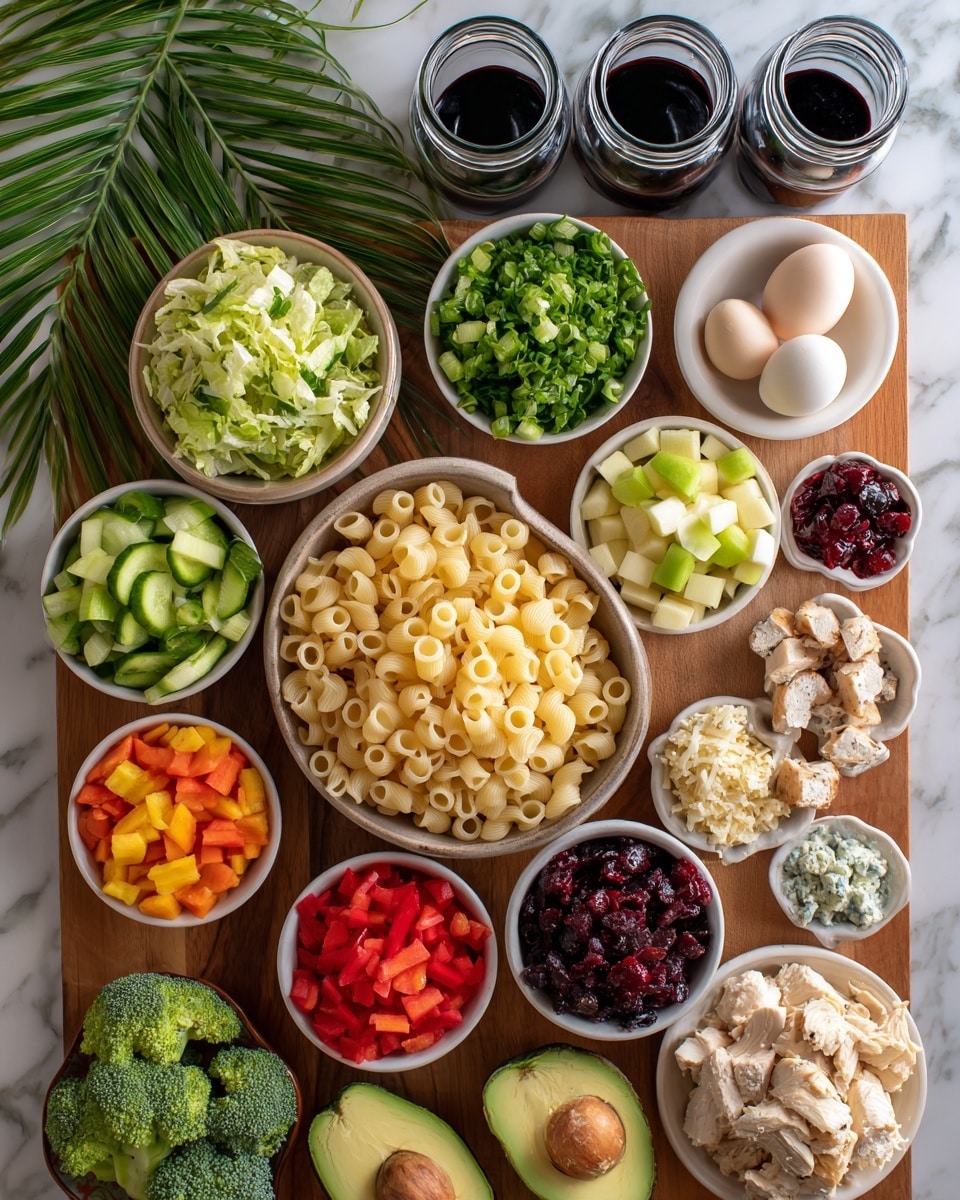 The image shows a wooden board filled with many small white bowls and loose food items arranged neatly on a white marbled table. In the center is a large bowl of cooked pasta with small tube shapes in light yellow. Around it, there are bowls filled with chopped green cucumbers, curly green lettuce, cubed red and green apples, finely chopped red and orange carrots, red and yellow bell pepper pieces, and finely chopped red onions. There is a half avocado and another bowl with avocado pieces near the front. Also visible are a piece of broccoli, a whole red apple, and an onion. A small pile of dried cranberries and two hard boiled eggs sit next to a bowl of crumbled blue cheese and a creamy beige dressing. On the far right, cubes of cooked chicken rest on a white plate. Three glass jars with black lids sit behind the bowls. The background shows some green palm leaves, and a woman's hand is partly visible on the left edge. The photo taken with an iphone --ar 4:5 --v 7
