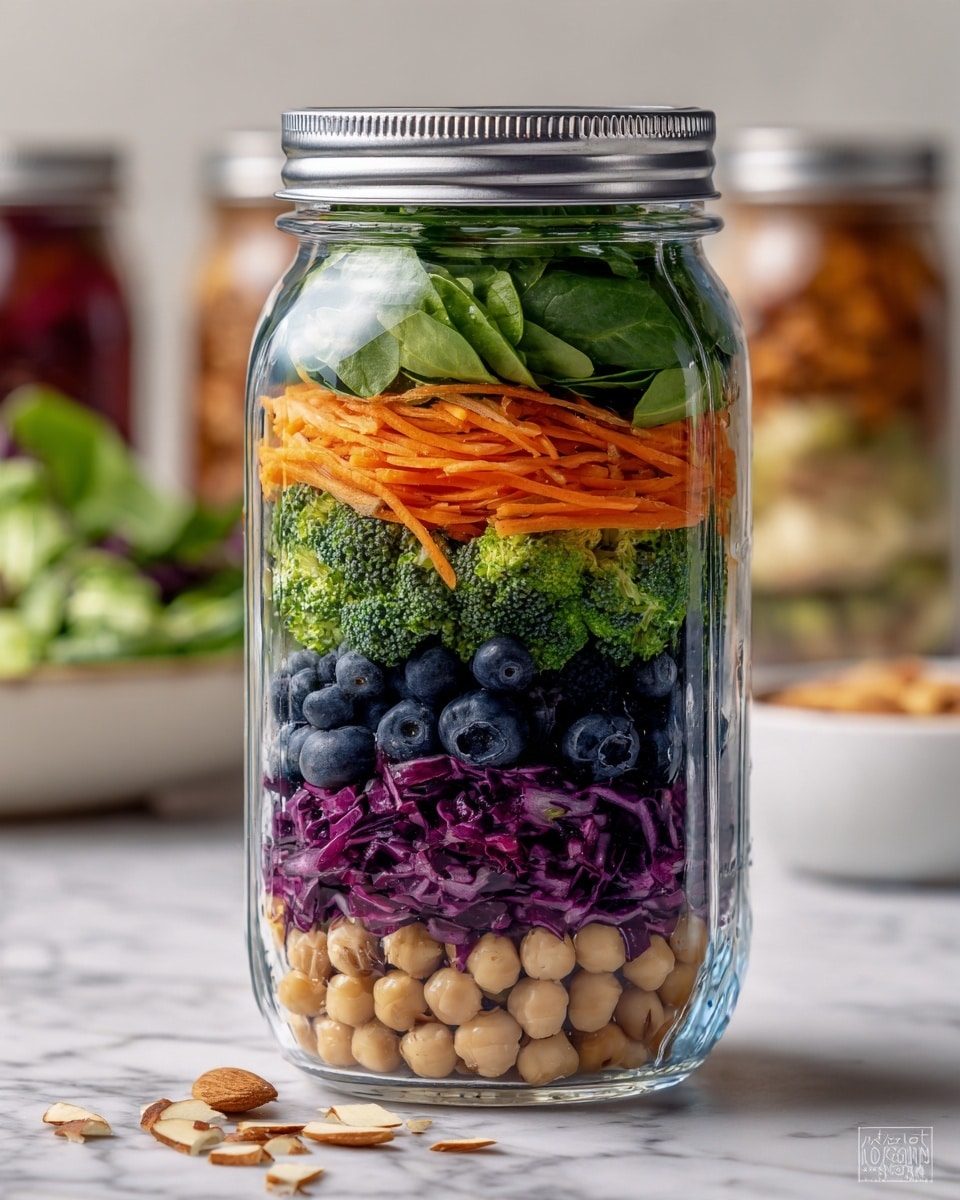 A clear glass jar is filled with a colorful salad showing five distinct layers. At the bottom, there are pale beige chickpeas mixed with small bits of purple onion. Above that is a layer of dark green broccoli florets. The third layer contains thin, bright orange shredded carrots resting on a base of purple cabbage. Next, a layer of dark blue blueberries adds a rich color contrast. The top layer consists of fresh, vibrant green spinach leaves with a few light brown almond slices scattered among them. The jar is sealed with a silver lid and sits on a white marbled surface. In the background, blurred jars and a white bowl with salad can be seen. Photo taken with an iphone --ar 4:5 --v 7