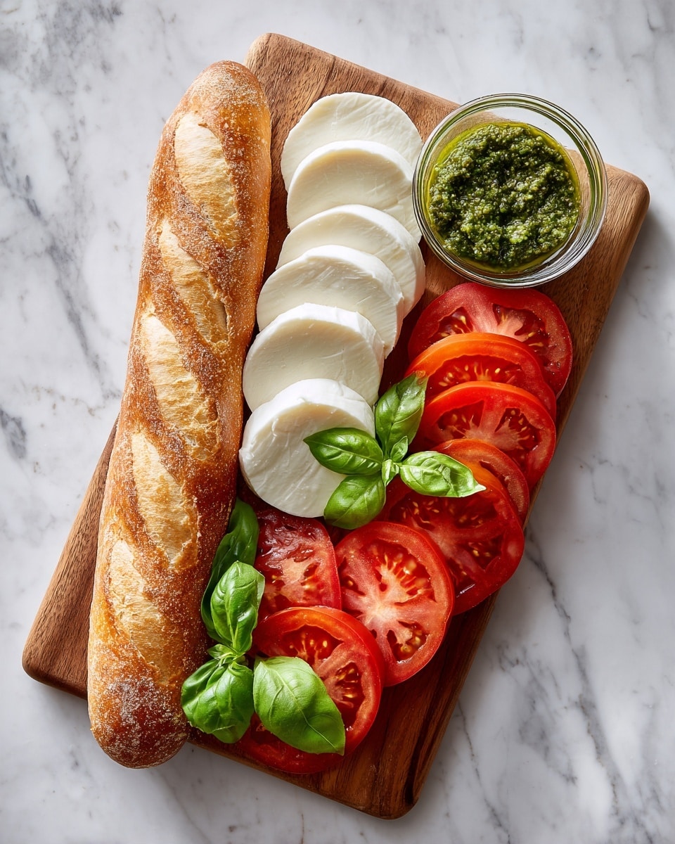 The image shows a food arrangement on a board placed on a white marbled surface. On the left side, there is a long crusty baguette with a golden-brown color and a rough texture. Above the baguette, there are several thick, round slices of white mozzarella cheese, stacked in a small pile. To the right, there are two rows of sliced red tomatoes with different shades of red and visible seeds inside. Green basil leaves with a smooth texture and bright color are placed scattered around the tomatoes for garnish. At the top right corner of the board, there is a small glass bowl filled with green pesto sauce. The overall look is fresh and colorful. photo taken with an iphone --ar 4:5 --v 7