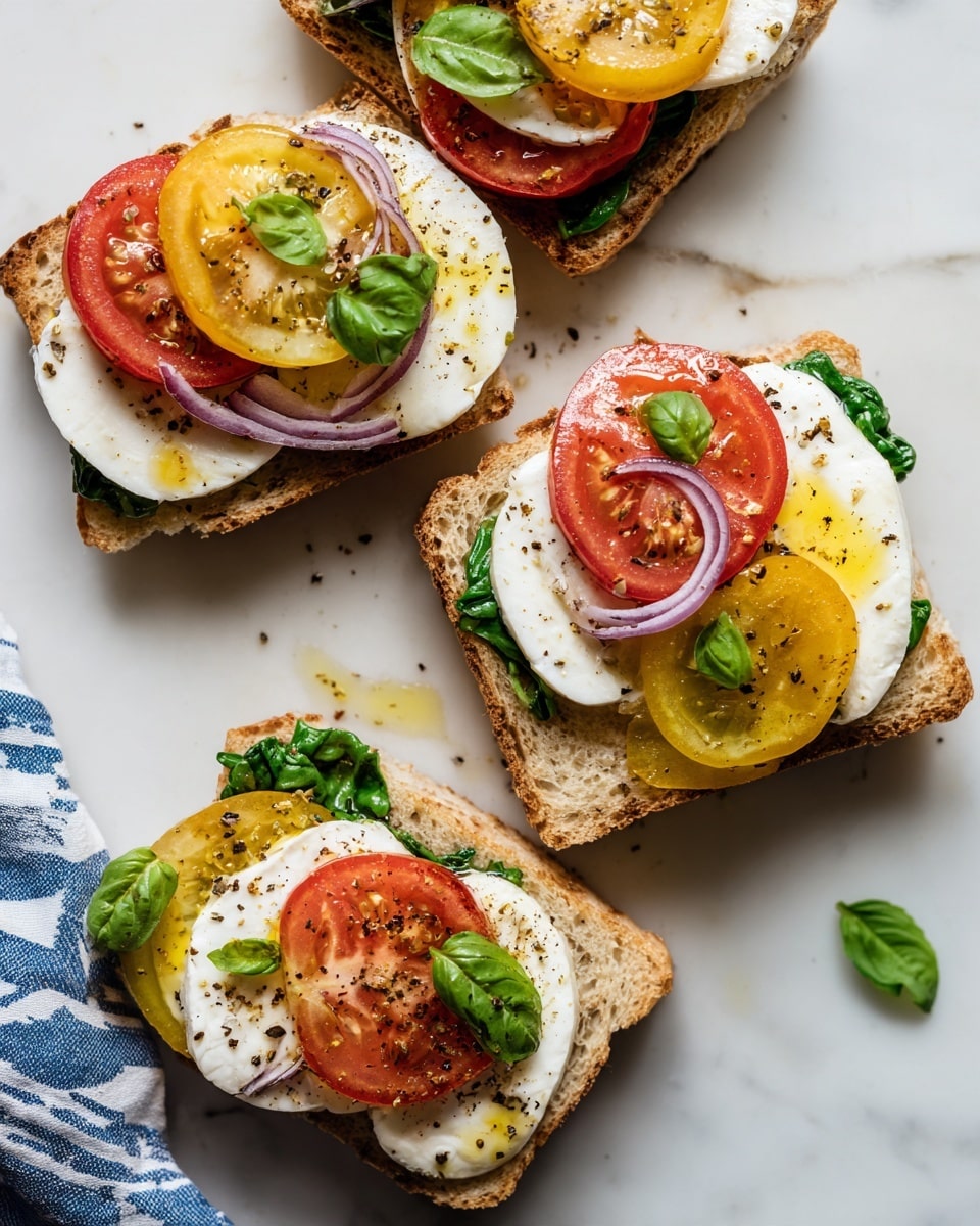 Four small sandwiches are placed on a white marbled surface. Each sandwich has two square pieces of soft, light brown bread with a slightly textured surface. The bottom bread layer is topped with bright green spinach leaves, followed by thick, smooth white mozzarella slices. On top of the cheese, there are slices of red tomato, some bright and some darker in color, with a few having pickled red onion rings and small green basil leaves. The sandwiches are drizzled lightly with golden olive oil and sprinkled with black pepper. A blue-and-white striped cloth is partially visible in the corner. photo taken with an iphone --ar 4:5 --v 7