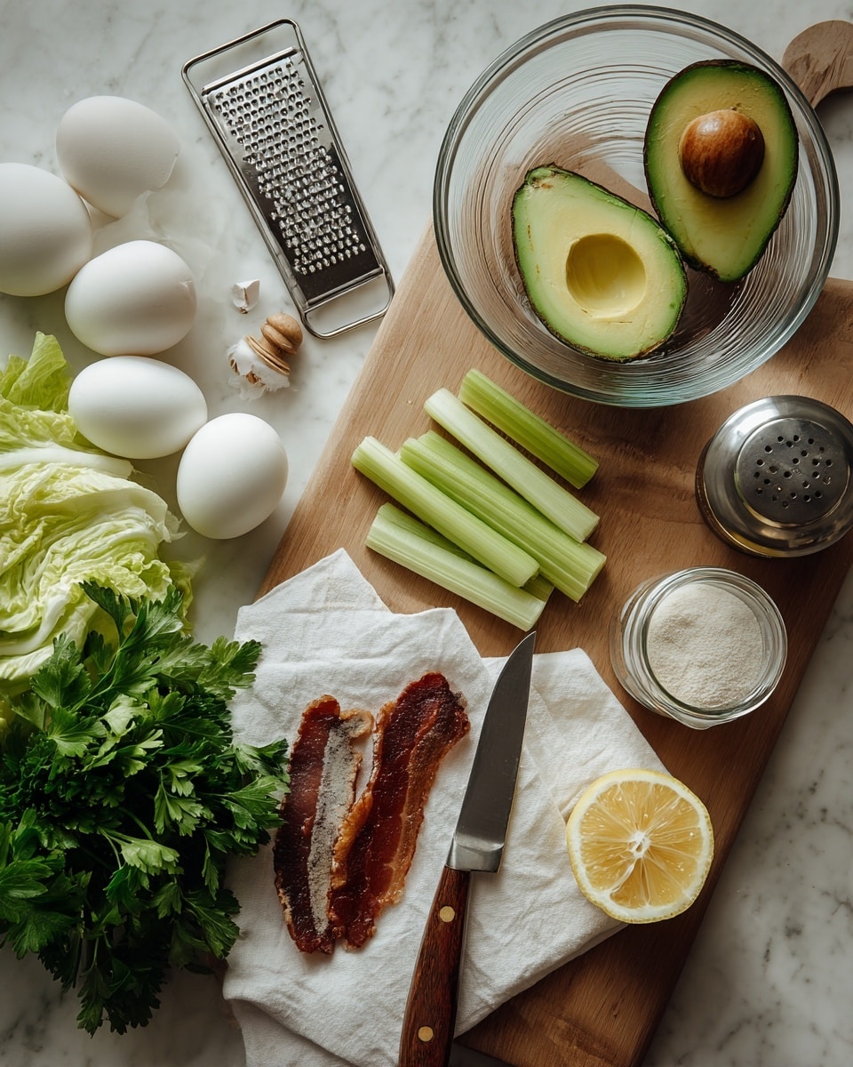 The image shows a wooden table with cooking ingredients neatly arranged. At the top right, a clear glass bowl holds two halves of a green avocado with the seed in one half. Below the bowl, a white cloth has a dark brown slice of cooked bacon and a knife with a wooden handle on it. To the right of the cloth are three pale green celery sticks and a lemon half showing its bright yellow inside. On the bottom left, there are fresh green lettuce leaves and parsley. Above the greens, there are three white boiled eggs, one with some brown shell pieces next to it. A silver metal grater sits in the top left corner, next to a black pepper grinder. A small glass jar with a silver lid contains a white seasoning powder, placed on the right edge of the table. The background is a white marbled surface. Photo taken with an iphone --ar 4:5 --v 7