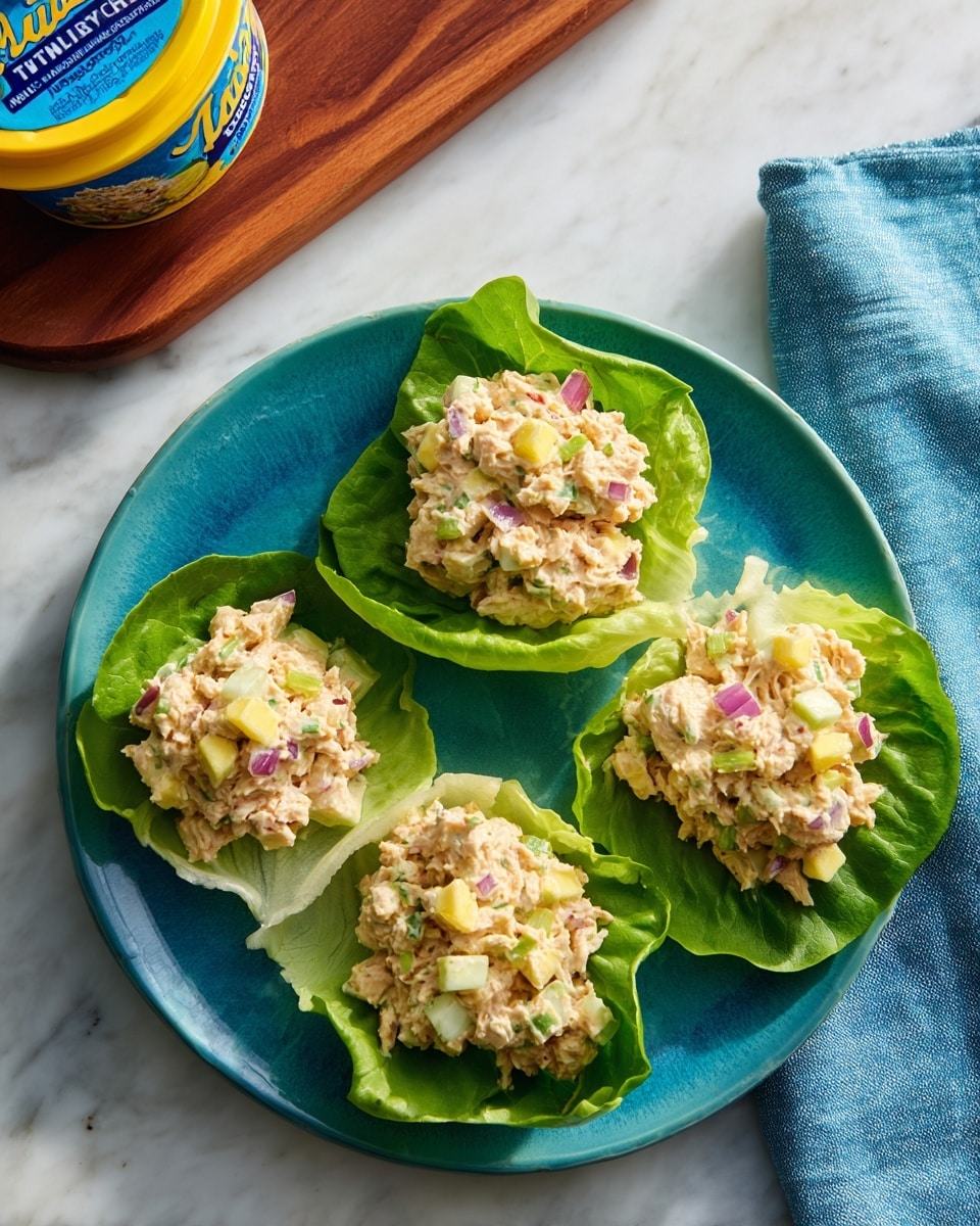 A blue plate holds three lettuce wraps arranged side by side on a white marbled surface. Each wrap has a bright green leaf forming the base layer and is topped with a chunky tuna salad mixture that is pale yellowish-beige with visible bits of diced red onion, celery, and chopped hard-boiled egg pieces in white and yellow colors. The overall texture of the salad looks creamy with some small, uneven chunks. A tuna container with a blue lid and yellow circumference is partially in view on a wooden board in the top left corner, and a blue cloth napkin is on the top right side, adding color to the setting. Photo taken with an iphone --ar 4:5 --v 7