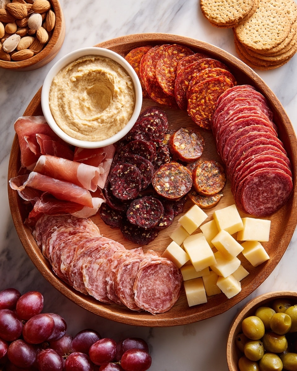 A large round wooden bowl holds five types of thinly sliced deli meats arranged in sections: soft pink folded slices at the bottom right, dark red salami with white fat spots at the bottom left, deep red sausage slices with a marbled texture above the salami, dark red chorizo slices with orange flecks above the sausage, and thin, rumpled light pink prosciutto on the left side. Surrounding the bowl on a white marbled surface are a white bowl of creamy beige hummus near the top, a white bowl of round crackers to the right, and several small wooden bowls with whole almonds, mixed olives, and mustard seeds. Clusters of red grapes and chunks of parmesan cheese with small pickles are in the lower area, making the scene colorful and varied. Photo taken with an iphone --ar 4:5 --v 7