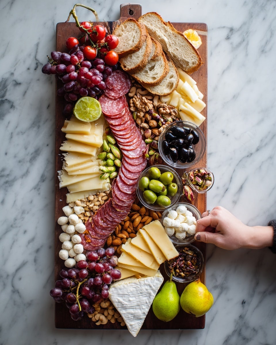 A long wooden board placed on a white marbled surface holds a large variety of food items arranged in layers. On one side, several thick slices of bread are stacked, flowing diagonally across the board, with clusters of red and green grapes placed on top and around them. There are slices of different types of meat, including round slices of salami and other cured meats layered near the middle and towards the right. Cheese wedges of varying shapes and colors, mostly light yellow and one large white block with a red rind, are scattered among the meats. Nuts, including almonds and pistachios, are spread in small clusters. Small glass bowls with black olives, green olives, cashews, and mozzarella balls are placed at various spots. A few green pears, lemon-like yellow fruit, cherry tomatoes on the vine, and a woman's hand holding the board complete the scene. photo taken with an iphone --ar 4:5 --v 7