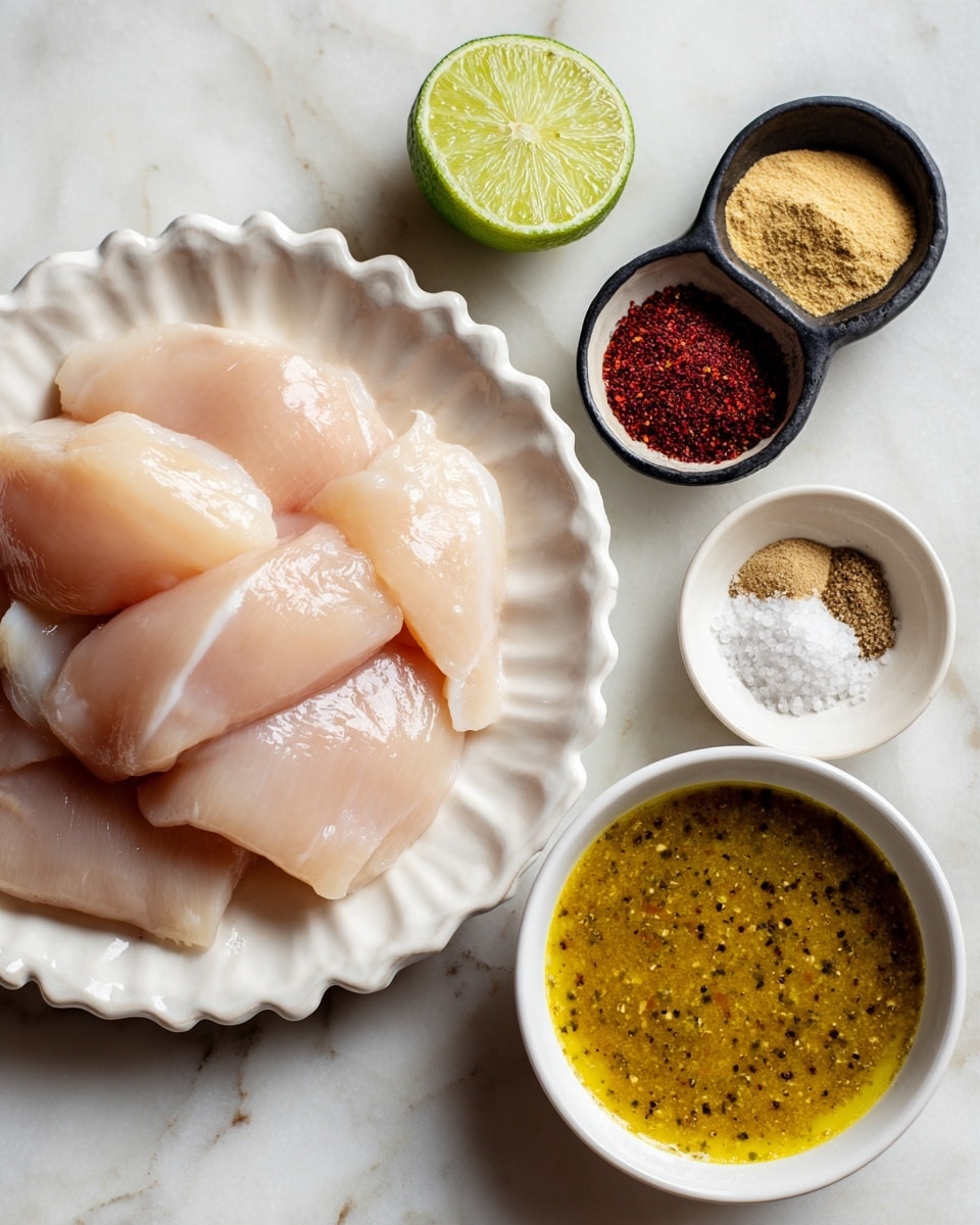 A white scalloped plate is filled with six raw, smooth, pale pink chicken pieces arranged in overlapping layers. To the left of the plate, a halved lime with a bright green interior rests on a white marbled surface. Below the lime, a small black bowl holds four different dry spices in neat sections: yellowish-brown, light tan, red, and beige. Below this bowl, a tiny beige bowl contains coarse salt and cracked black pepper. On the lower right side of the image, a white bowl sits filled with a thick, chunky yellow-green sauce with black seasoning specks visible on the surface. Photo taken with an iphone --ar 4:5 --v 7
