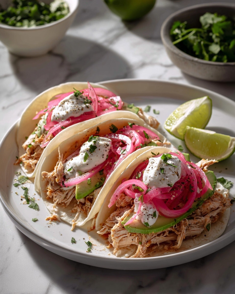 The image shows three soft white tortillas arranged in a curved stack on a white plate, each filled with shredded light brown chicken on the bottom layer, thin slices of green avocado placed beneath or alongside the chicken, and topped with rings of bright pink-red pickled onions. Each taco has a dollop of white sour cream, sprinkled with small green cilantro leaves and black pepper. The plate is set on a white marbled surface with lime wedges and a bowl of fresh green cilantro in the background. The lighting is bright and natural, highlighting the fresh texture and colors of the ingredients. photo taken with an iphone --ar 4:5 --v 7