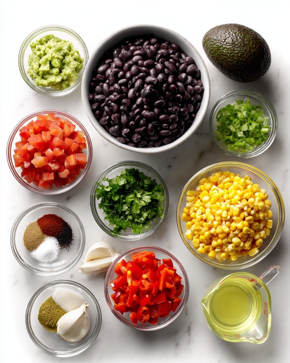 A white marbled surface holds an array of clear glass bowls and measuring cups filled with fresh ingredients: a large bowl of black beans with a deep purplish-black color sits near the center; to its left, a small bowl of bright red diced tomatoes and a smaller bowl of chopped green onions sit side by side, with a whole dark green avocado nearby. Below the black beans are bowls with finely chopped green cilantro, minced pale yellow garlic, and reddish-brown chili powder, along with a tiny bowl of white salt. To the right of the beans, there is a measuring cup of light yellow olive oil, a clear bowl of bright yellow corn kernels, and a bowl of diced red bell peppers. At the bottom right, a clear measuring cup holds a light greenish-yellow liquid. The ingredients are neatly arranged on the smooth white marbled surface, ready for preparation. photo taken with an iphone --ar 4:5 --v 7