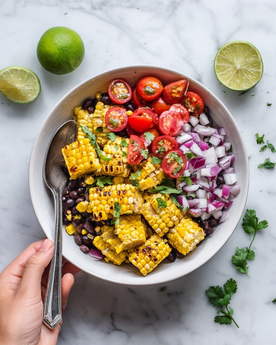 A white bowl sits on a white marbled surface, filled with a colorful mix of food. The bottom layer is golden corn pieces mixed with small black beans, topped with bright red cherry tomato halves and soft diced purple onions. There are chunks of grilled corn with a slightly charred look, scattered through the bowl. Small green cilantro leaves are spread over the top, adding a fresh touch. A woman’s hand holds a shiny silver spoon near the bottom left of the bowl. A lime cut in half and a green lime whole sit nearby on the surface. The scene is bright and fresh, showing the natural colors of the ingredients. photo taken with an iphone --ar 4:5 --v 7