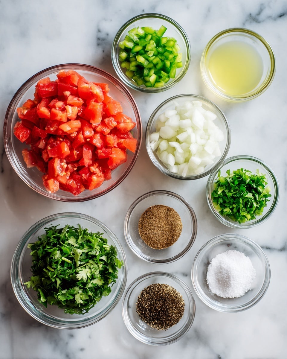 The image shows nine small clear glass bowls arranged on a white marbled surface. The largest bowl, near the bottom left, is filled with finely chopped red tomatoes. To its right, a similarly sized bowl holds finely chopped white onions. Above the onion bowl is a small bowl of finely chopped green peppers. Above that bowl is a smaller one with light yellow liquid, likely lime juice. To the left of the onions, a medium bowl contains more finely chopped green peppers. Below the onions to the right is a small bowl with chopped fresh green cilantro. On the far right, three small bowls hold ground brown spice, black pepper, and white salt powder, arranged from top to bottom. The clean arrangement highlights the contrasts of red, white, green, and brown against the white marbled background. photo taken with an iphone --ar 4:5 --v 7