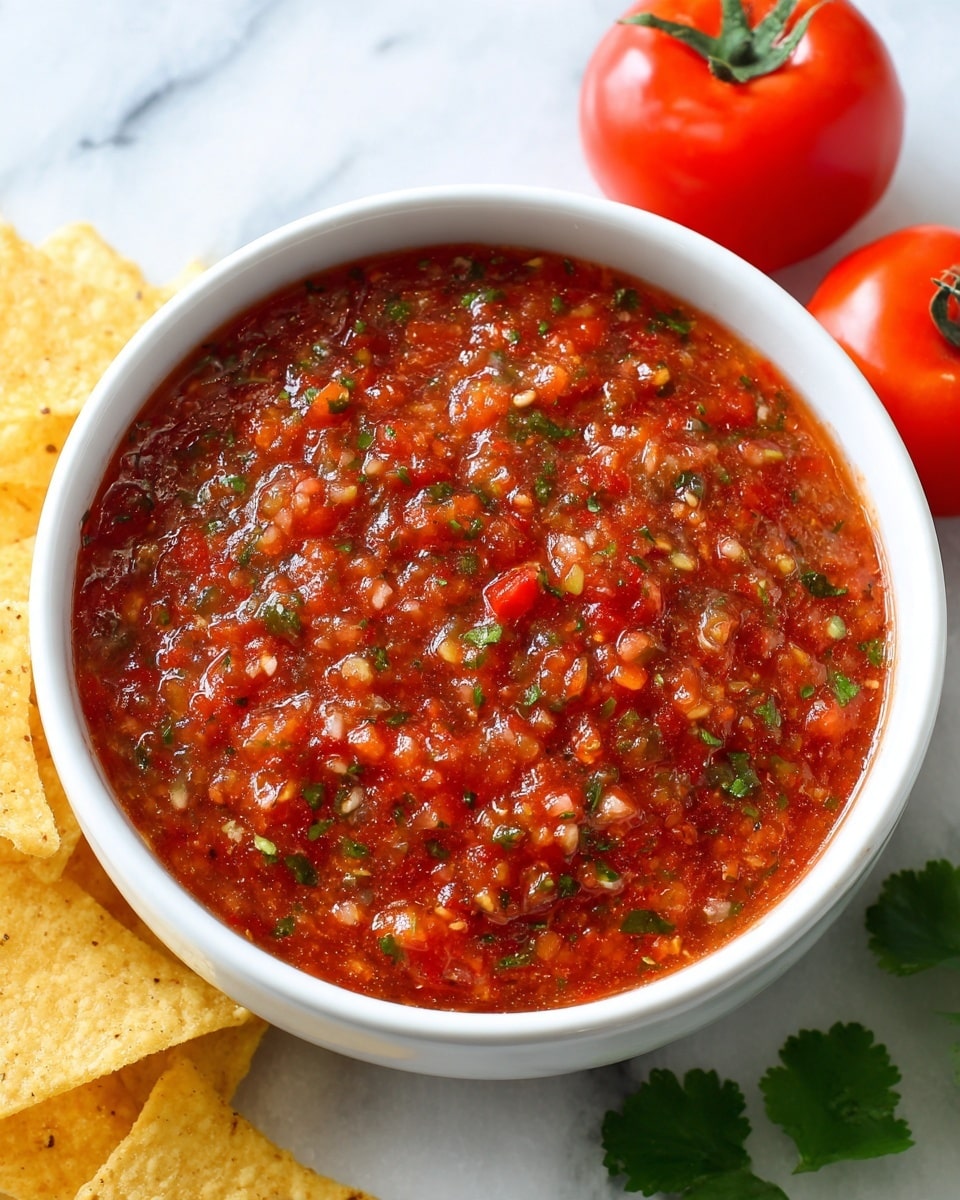 The image shows a white bowl filled with chunky red salsa that has small pieces of tomato, green herbs, and bits of onion visible. The salsa has a slightly glossy, textured surface and fills the bowl almost to the top. The bowl is placed on a white marbled surface with some yellow round tortilla chips standing upright behind it. To the right of the bowl, there are a few whole red tomatoes and some green cilantro leaves, adding fresh color to the scene. photo taken with an iphone --ar 4:5 --v 7