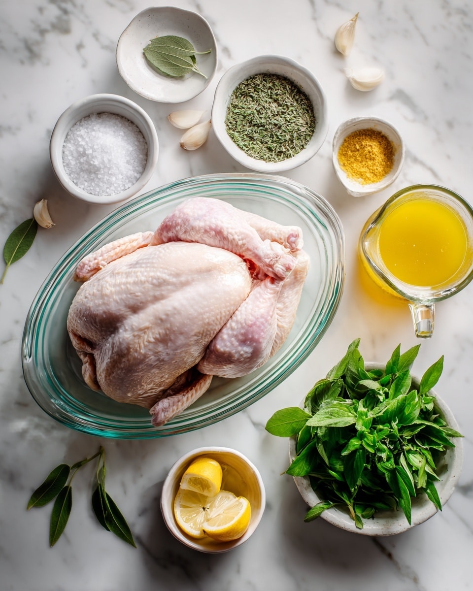 A raw whole chicken lies in the center of a clear oval glass dish. Around the dish, on a white marbled surface, there is a small white bowl with coarse salt, a white bowl filled with a green dried herb, a white bowl with a yellowish spice, and a small white dish holding lemon halves and fresh green herbs. To the right, there is a glass pitcher with melted yellow butter, and a small white bowl with sliced garlic. A woman's hand gently holds the glass dish on the left side. photo taken with an iphone --ar 4:5 --v 7