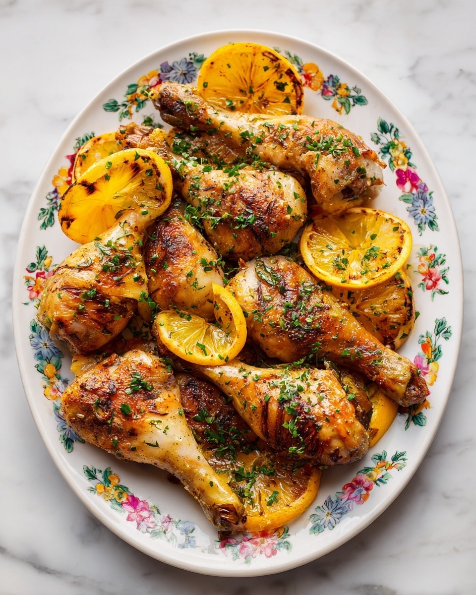 The image shows a white plate with a colorful floral rim, filled with several roasted chicken drumsticks. Each drumstick is golden brown with a slightly crispy texture, sprinkled with small green herbs. Bright yellow-orange slices of grilled citrus fruit, like lemons and oranges, are layered on and around the chicken, adding contrast and freshness. The plate sits on a white marbled surface, creating a clean and bright background. The photo taken with an iphone --ar 4:5 --v 7