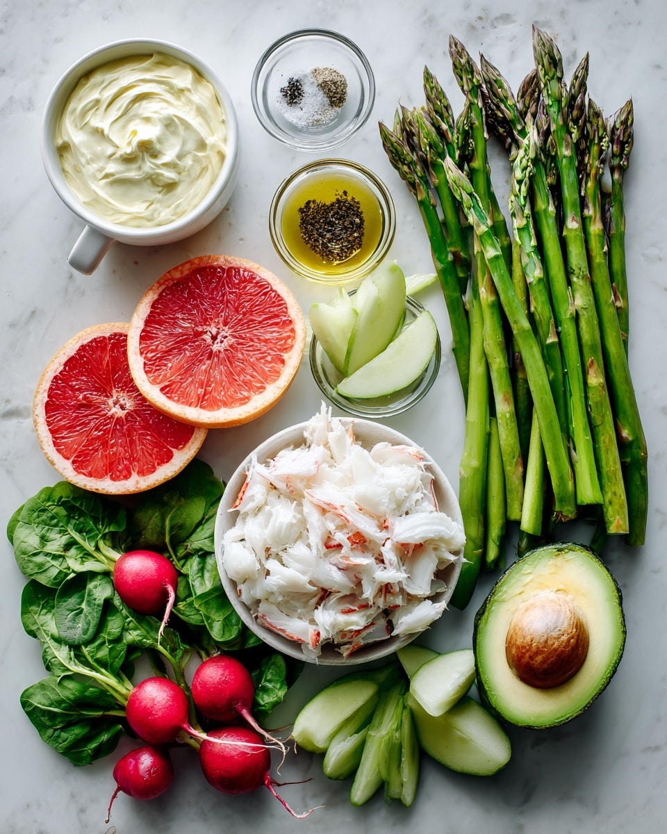 The image shows fresh ingredients arranged neatly on a white marbled surface. At the top left, there is a white cup filled with creamy mayonnaise, next to small glass bowls containing salt, black pepper, and olive oil. On the right side, a bunch of green asparagus lies together with fresh green spinach leaves. Below the mayo and spices, there are two bright red grapefruit halves placed next to two small radishes with green leaves and three green apple slices. A white bowl filled with white crab meat sits near the center. On the right bottom, a half avocado with a brown seed is shown with its green flesh facing up. The whole layout is clean and bright with natural lighting. photo taken with an iphone --ar 4:5 --v 7