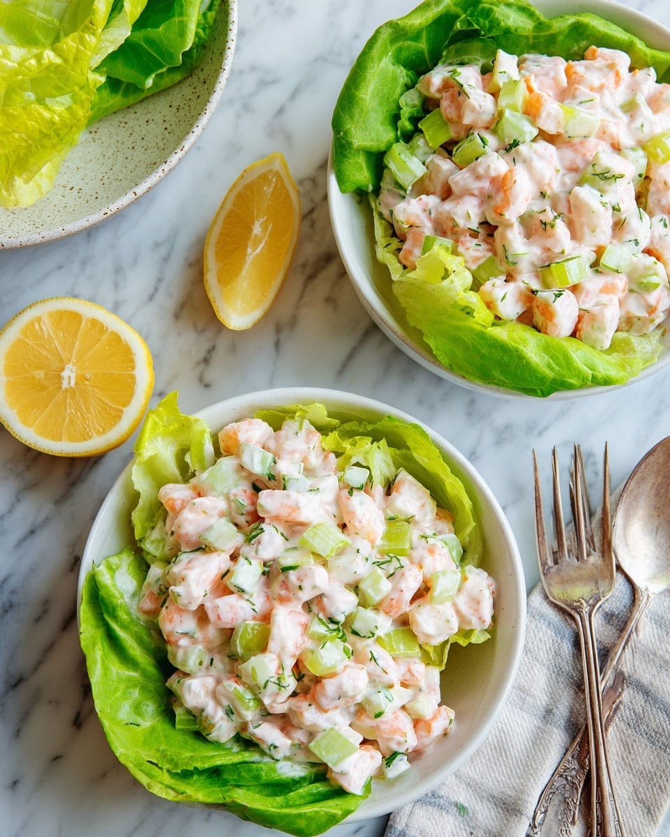 The image shows two white bowls filled with a creamy salad made of small pink shrimp chunks mixed with light green chopped celery and creamy dressing. Each bowl is lined with bright green crisp lettuce leaves around the edges. There is a wedge of yellow lemon placed on the side of the front bowl. The background is a white marbled surface with some lemon pieces and a serving fork partly visible. The overall look is fresh and colorful with contrasting soft textures. Photo taken with an iphone --ar 4:5 --v 7